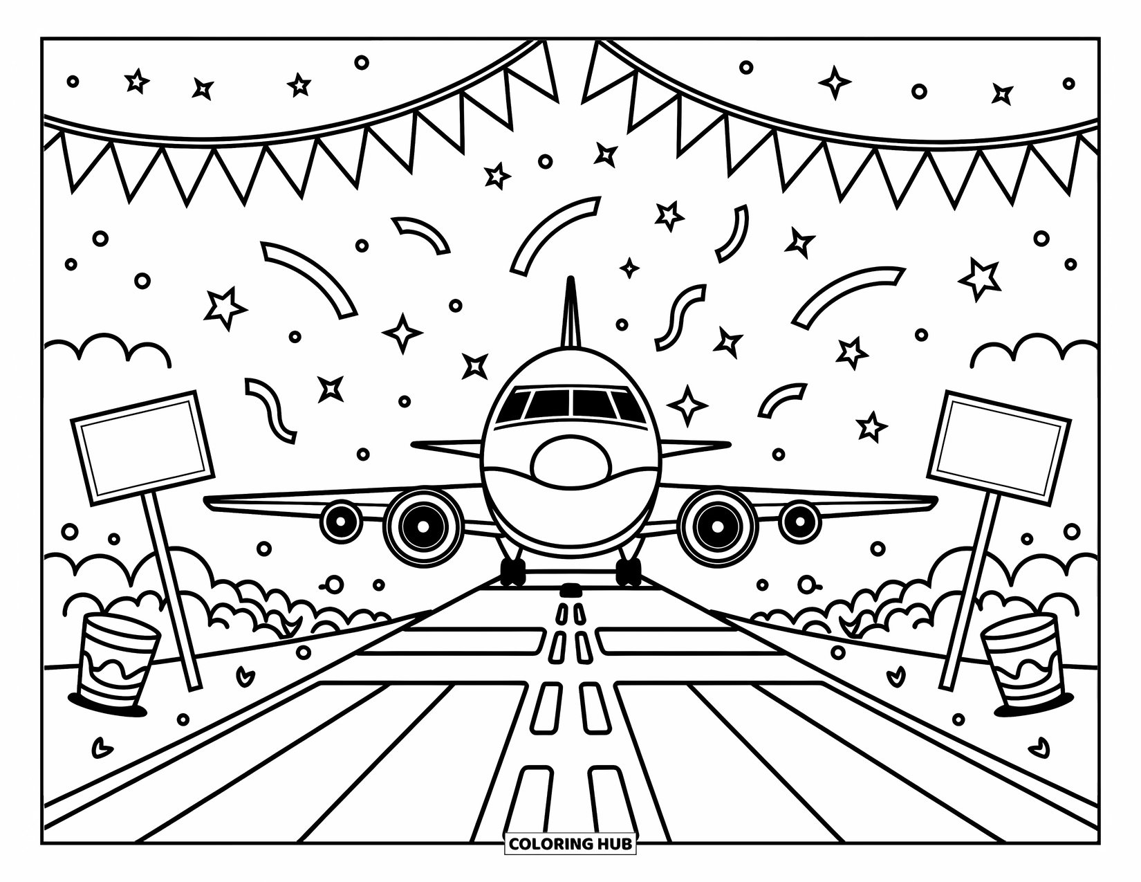 Kolorowanka z samolotem dla dorosłych: Wesoły samolot ląduje na pasie startowym wypełnionym drobnymi ludźmi i zabawnymi dekoracjami