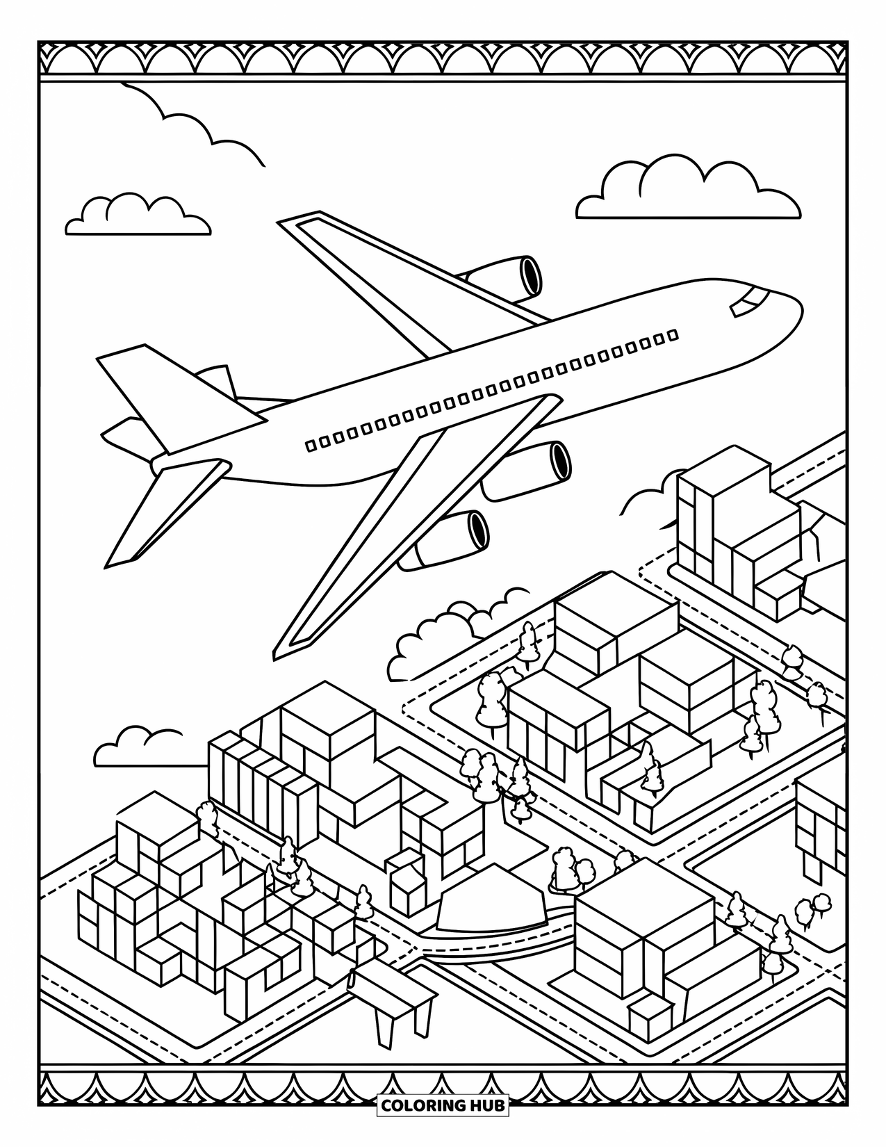 Kolorowanka z samolotem dla dorosłych: Odrzutowiec leci nad miastem w kratkę we wzorze witrażu z obramowaniami