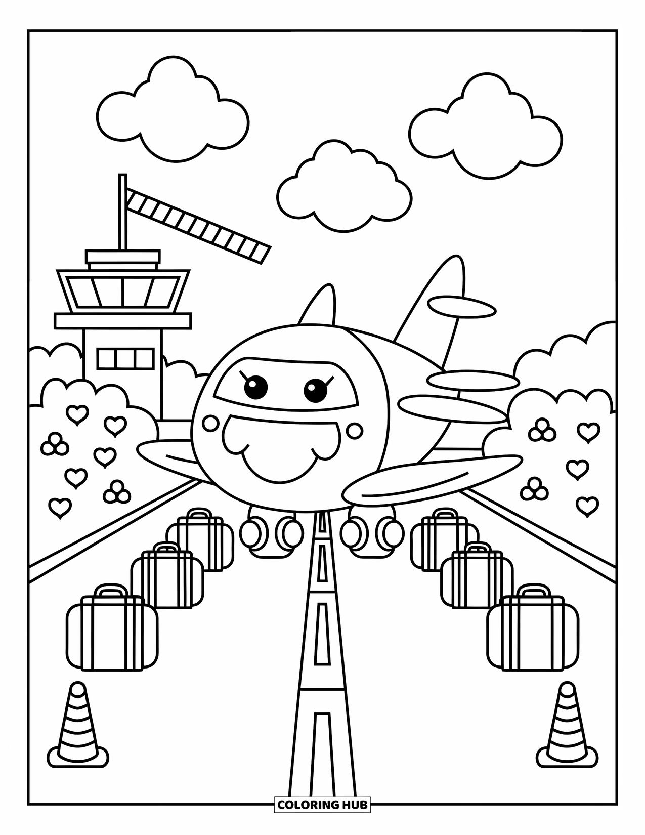 Kolorowanka z samolotem dla dorosłych: Zaparkowany samolot jest witany przez szczęśliwy bagaż, stożki z balonów i uśmiechnięte chmury