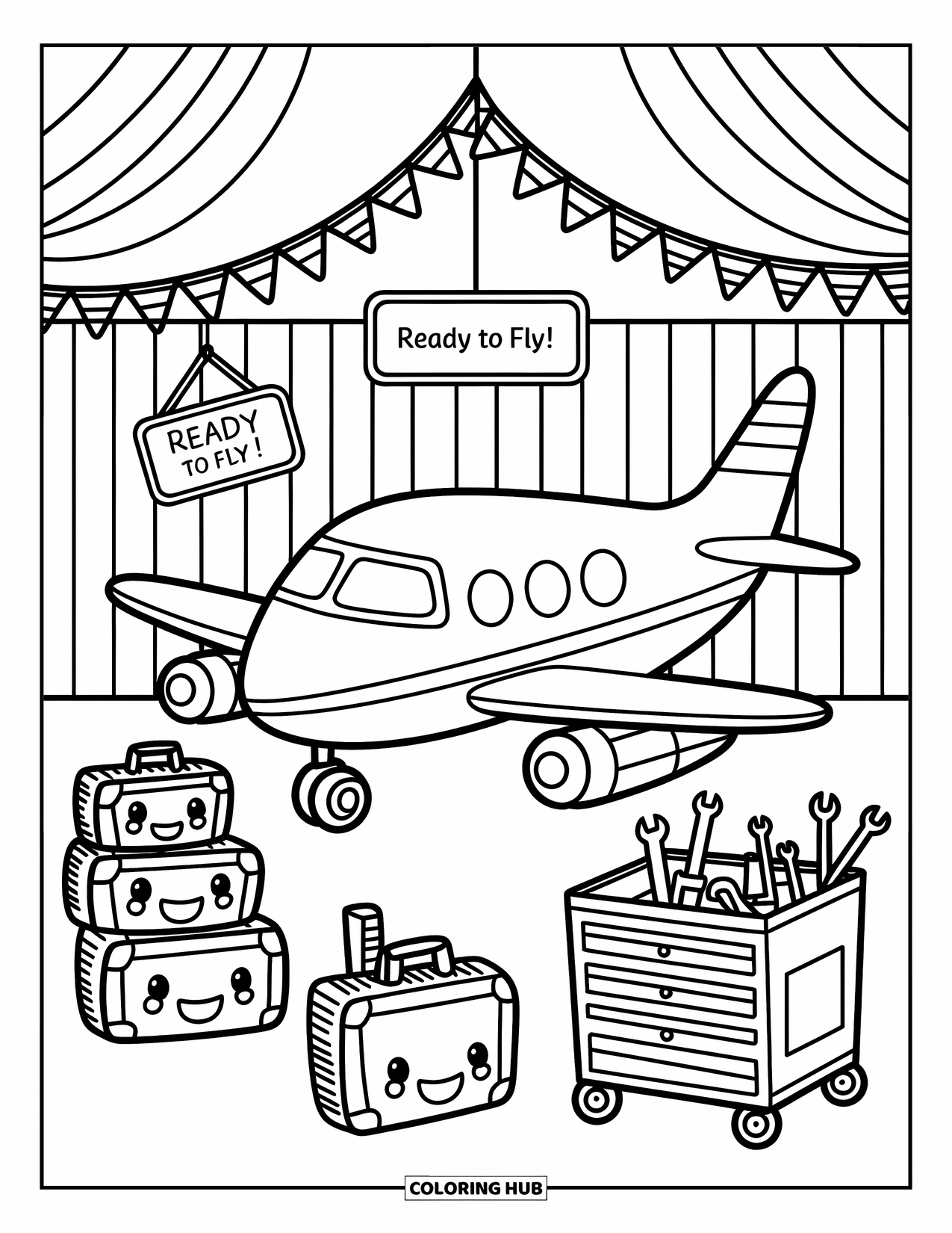 Kolorowanka z samolotem dla dorosłych: Zaparkowany samolot z uśmiechem jest otoczony światłami, proporczykami i przyjaznymi narzędziami