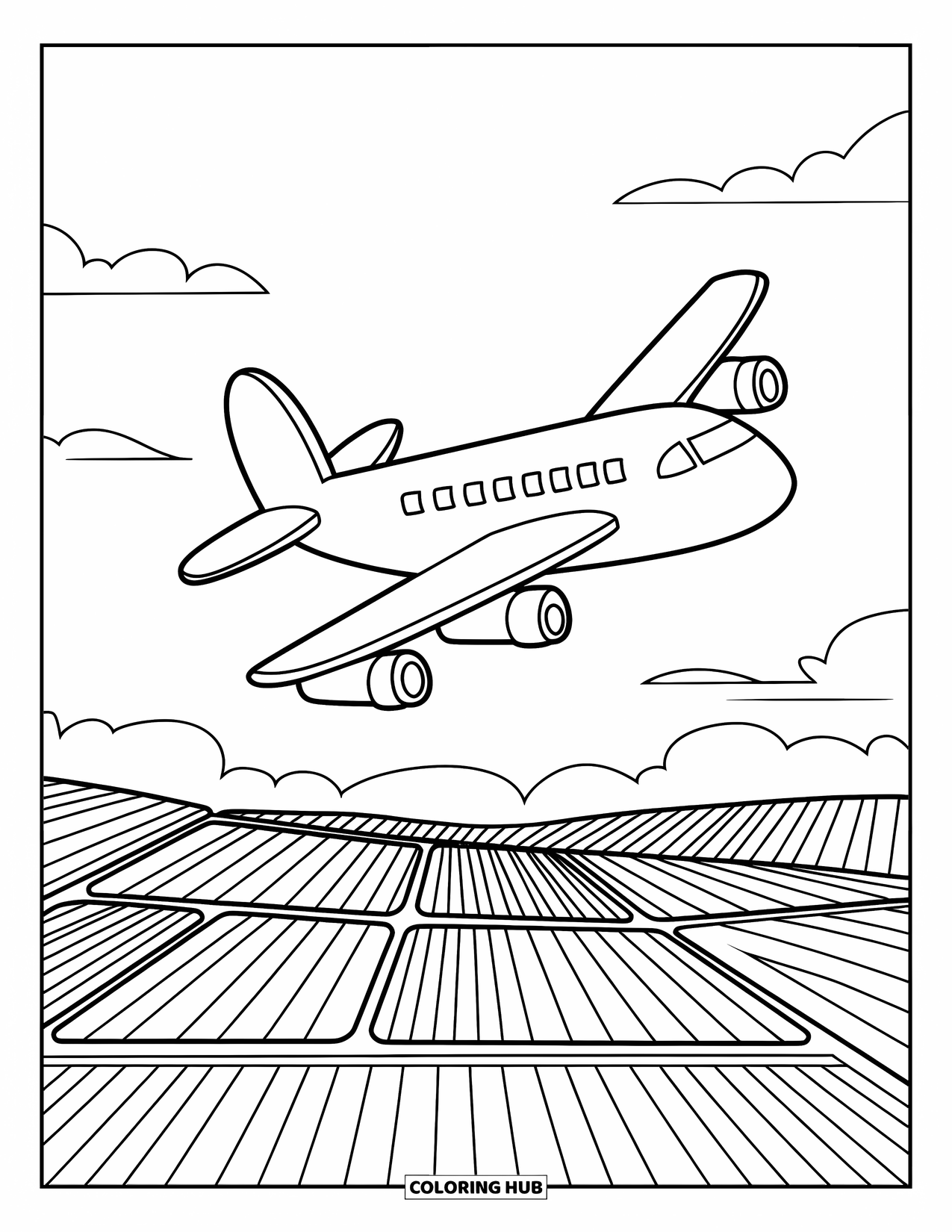 Kolorowanka z samolotem dla dorosłych: Samolot leci nad schludnymi, patchworkowymi polami uprawnymi i jasnym, otwartym niebem