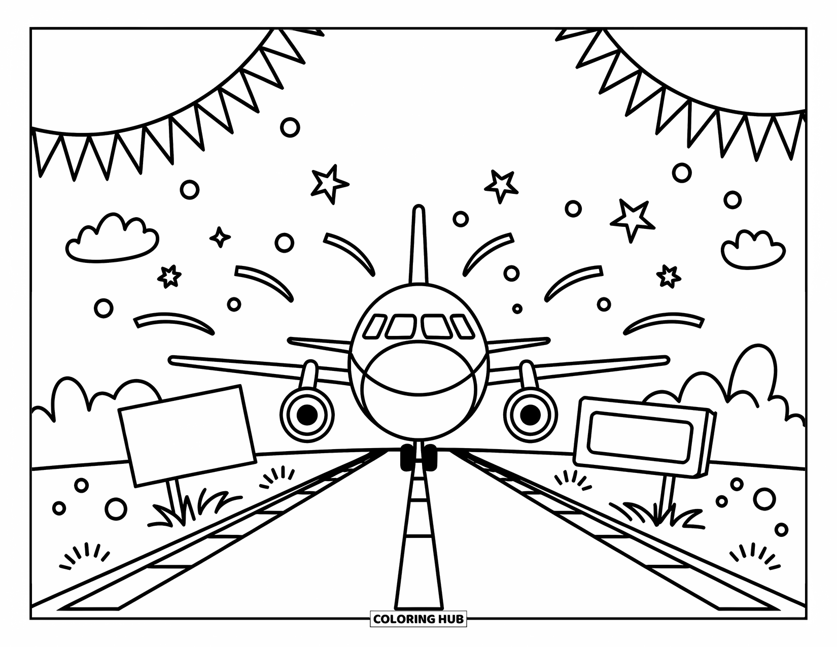 Kolorowanka z samolotem dla dorosłych: Samolot ląduje na świątecznym pasie startowym ze serpentynami, konfetti i machającymi znakami powitalnymi