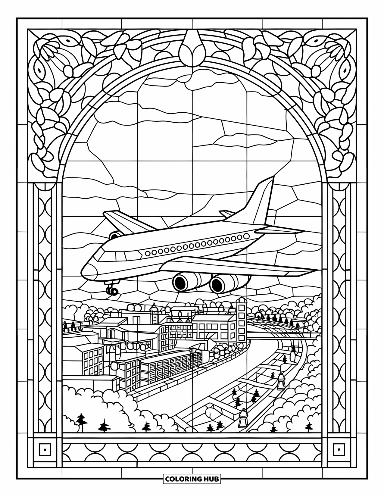 Kolorowanka z samolotem dla dorosłych: Samolot szybuje nad miastem z budynkami i drzewami w układzie witrażowym