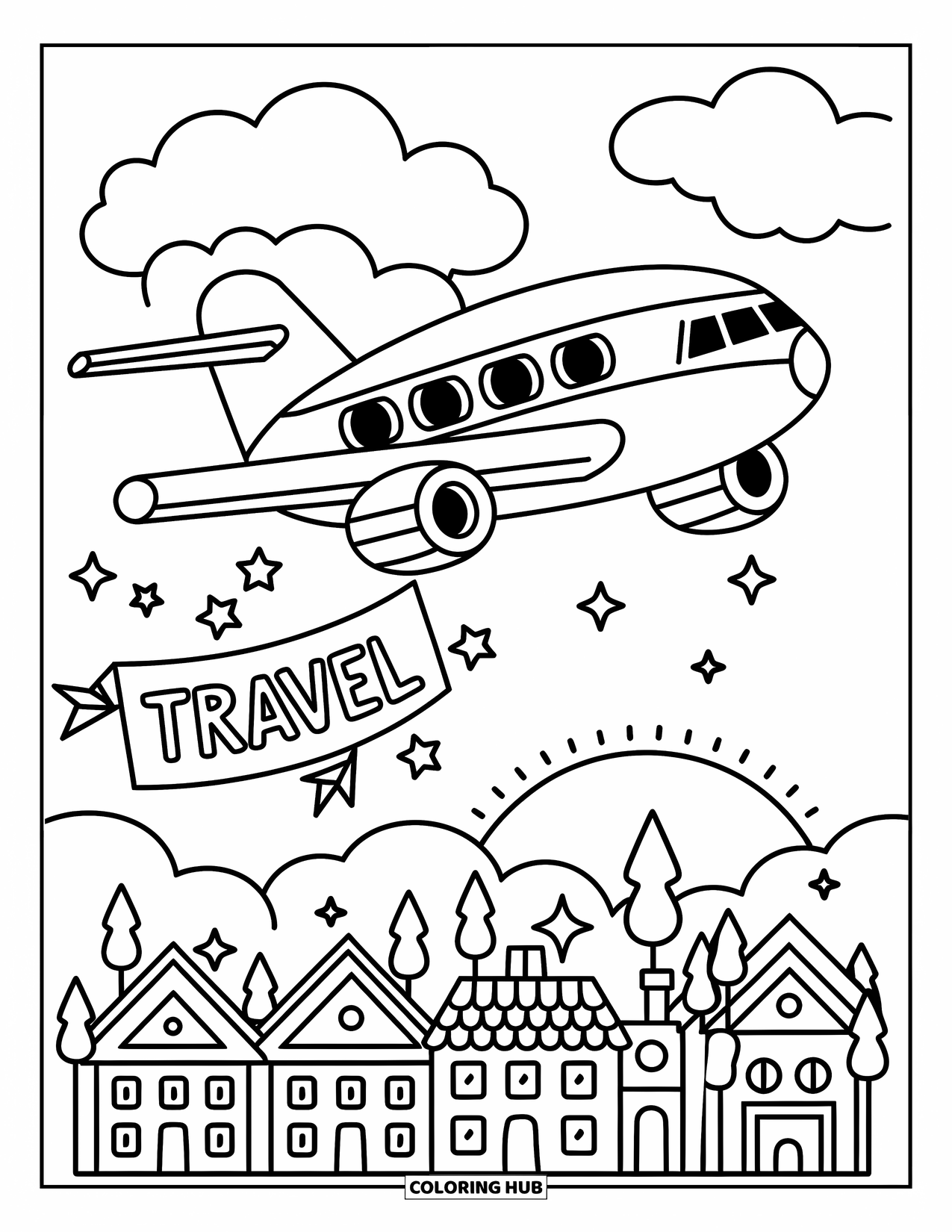 Kolorowanka z samolotem dla dorosłych: Uśmiechnięty samolot szybuje nad miękkimi chmurami, ciągnąc za sobą baner, a słoneczne miasteczko świeci poniżej