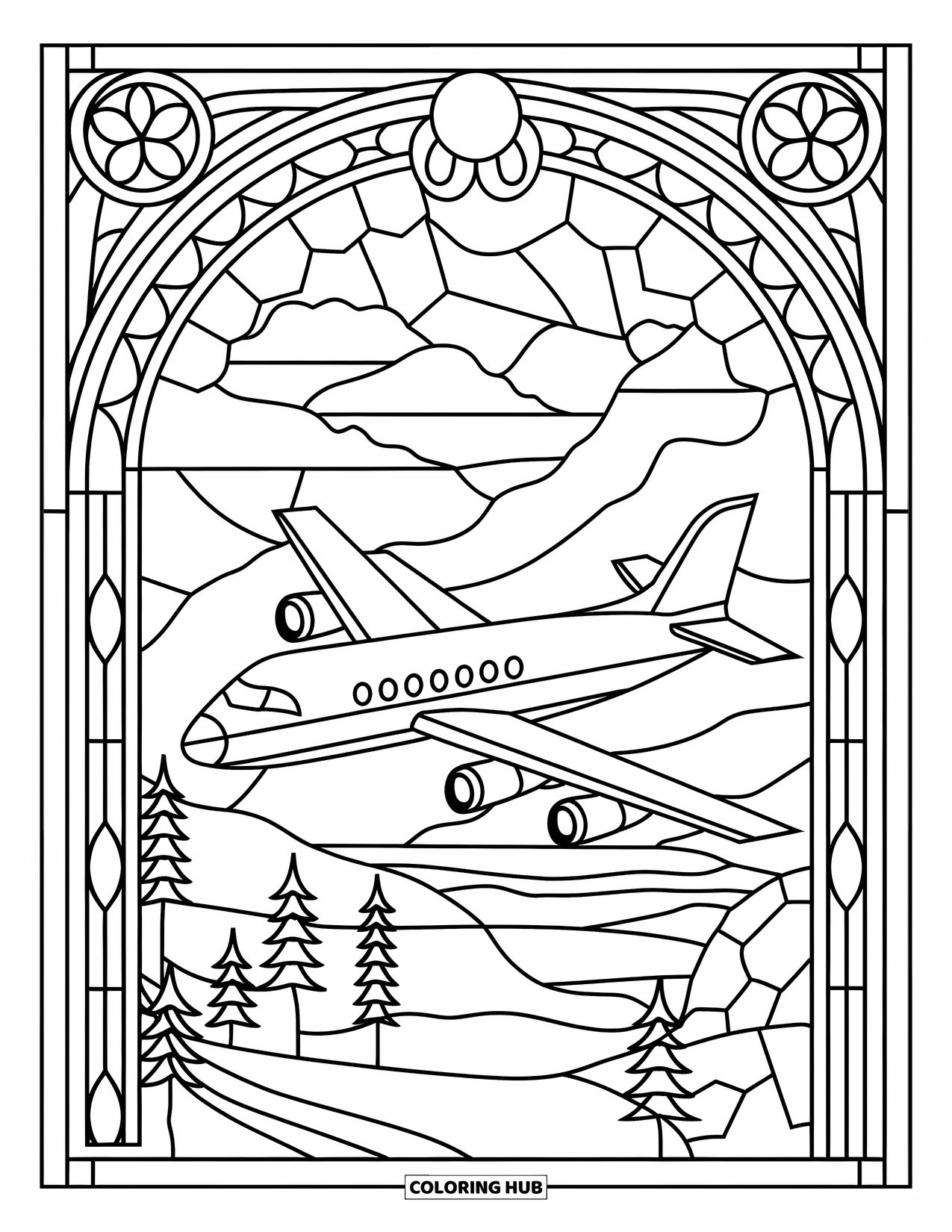 Kolorowanka z samolotem dla dorosłych: Wzór witrażu przedstawia samolot lecący nad drzewami, górami i wodą