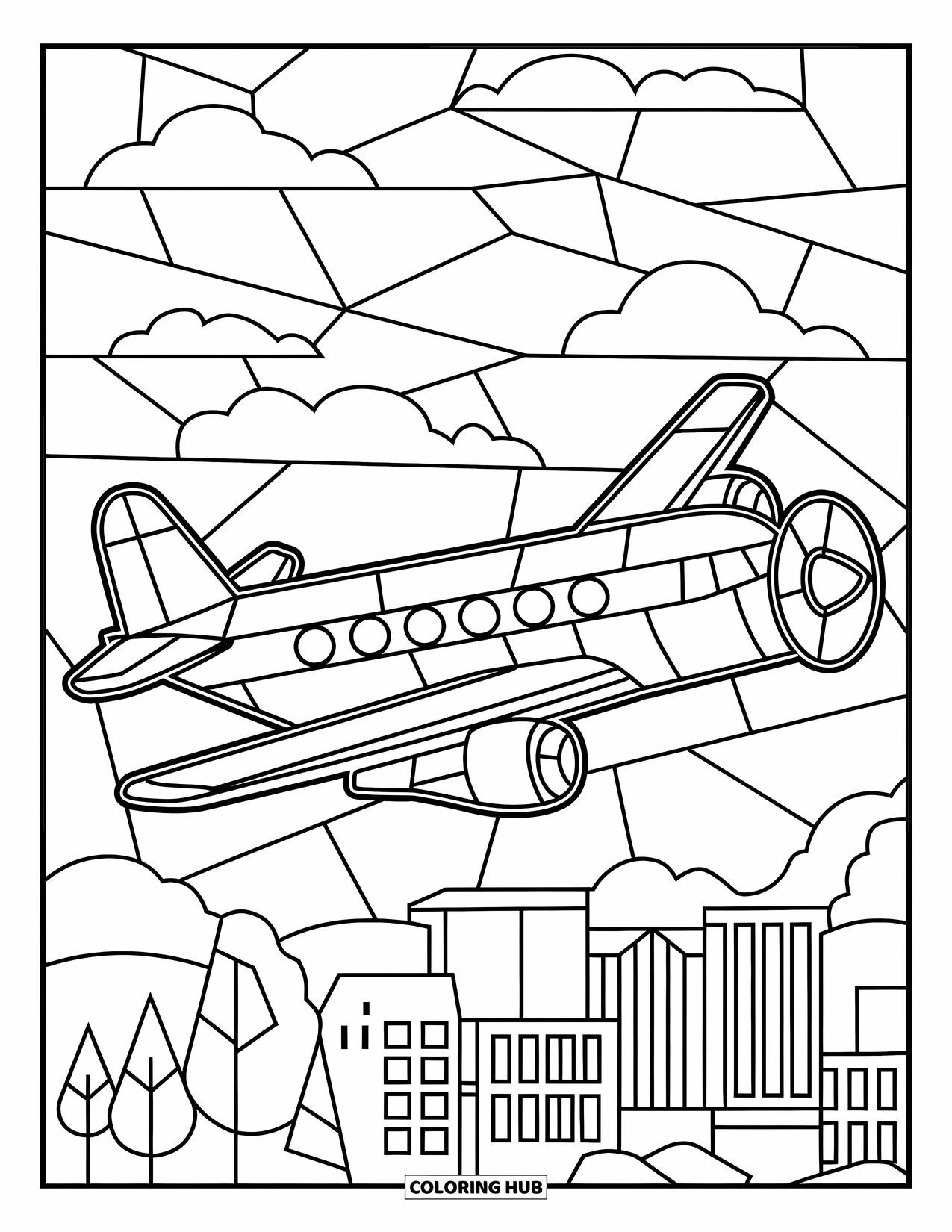 Kolorowanka z samolotem dla dorosłych: Samolot leci nad panoramą miasta we wzorze w stylu witrażu