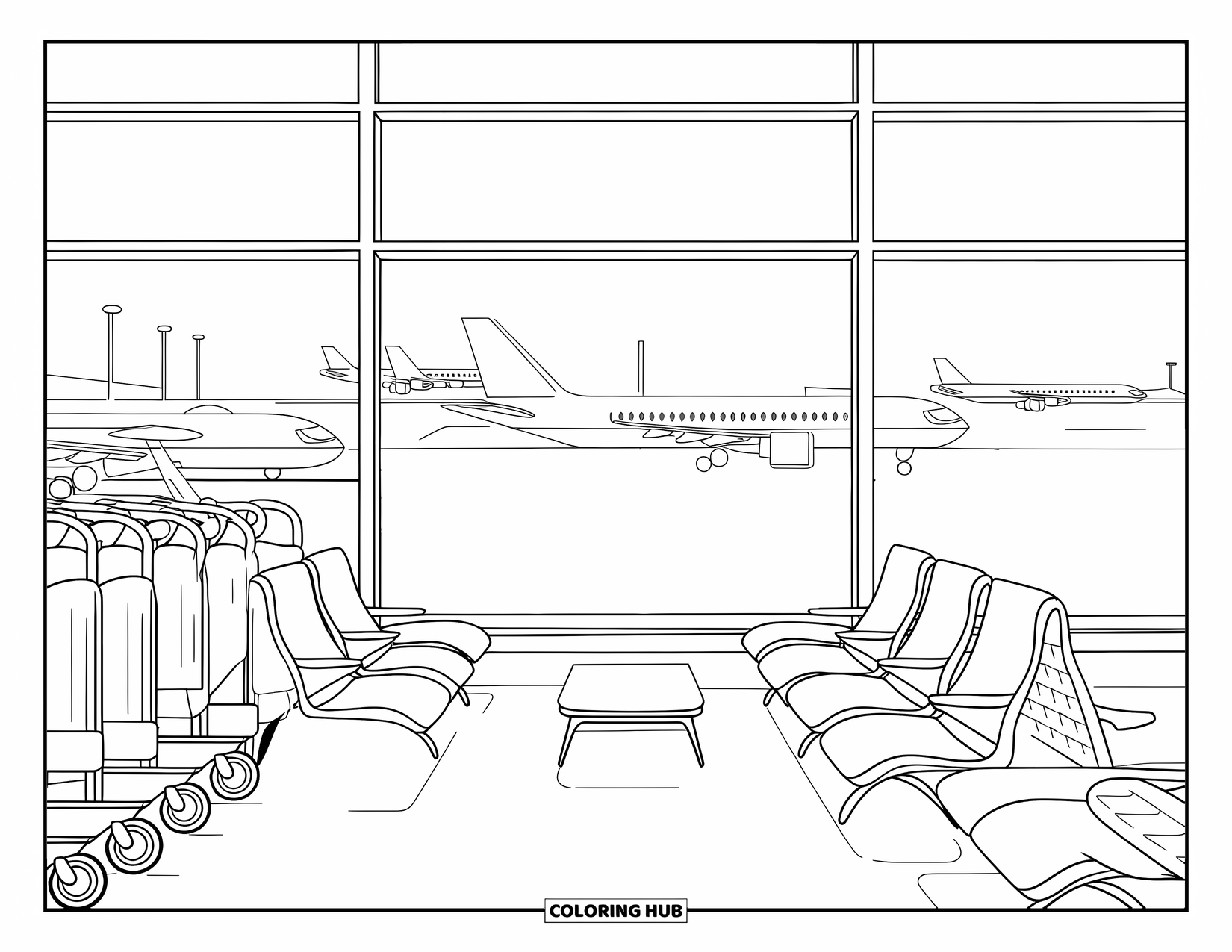 Kolorowanka z samolotem dla dorosłych: Poczekalnia na lotnisku z wózkami, krzesłami i samolotami startującymi w oddali