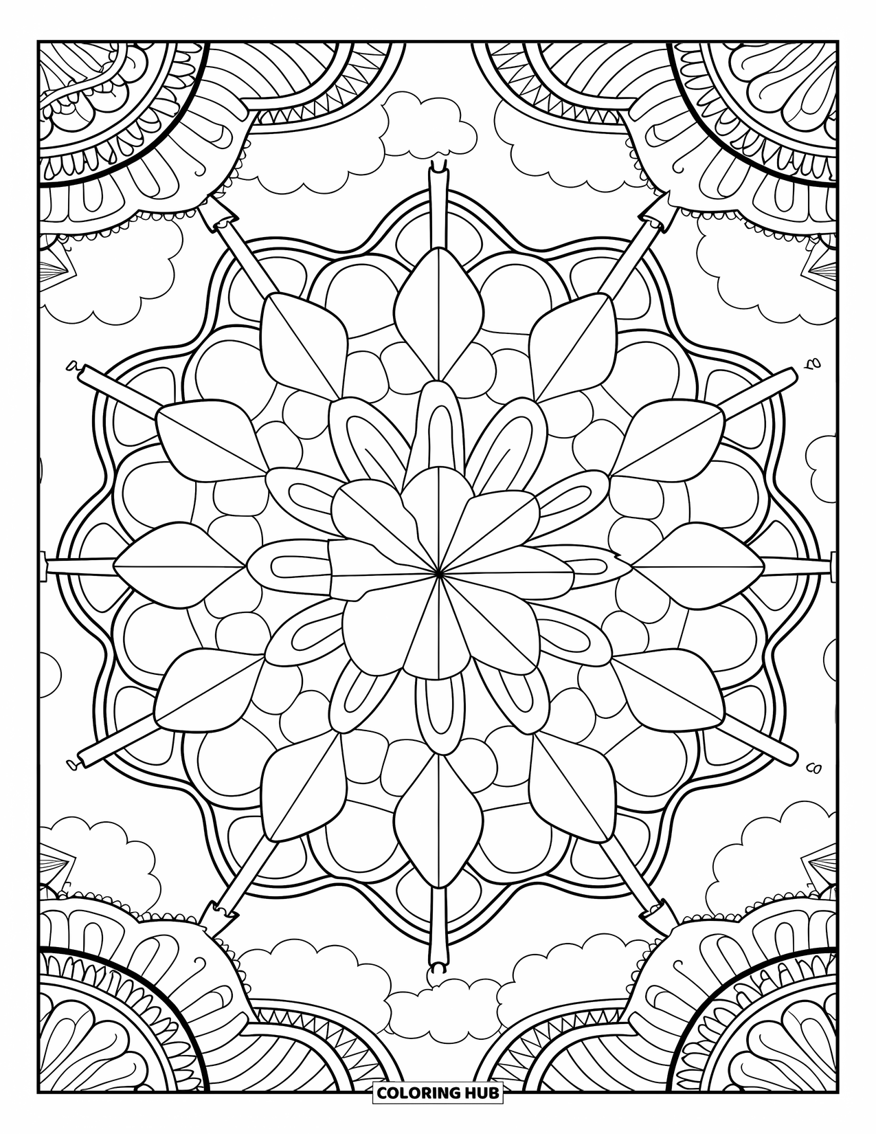Kolorowanka z samolotem dla dorosłych: Skomplikowana mandala łączy sylwetki samolotów i wzory chmur, tworząc relaksującą atmosferę