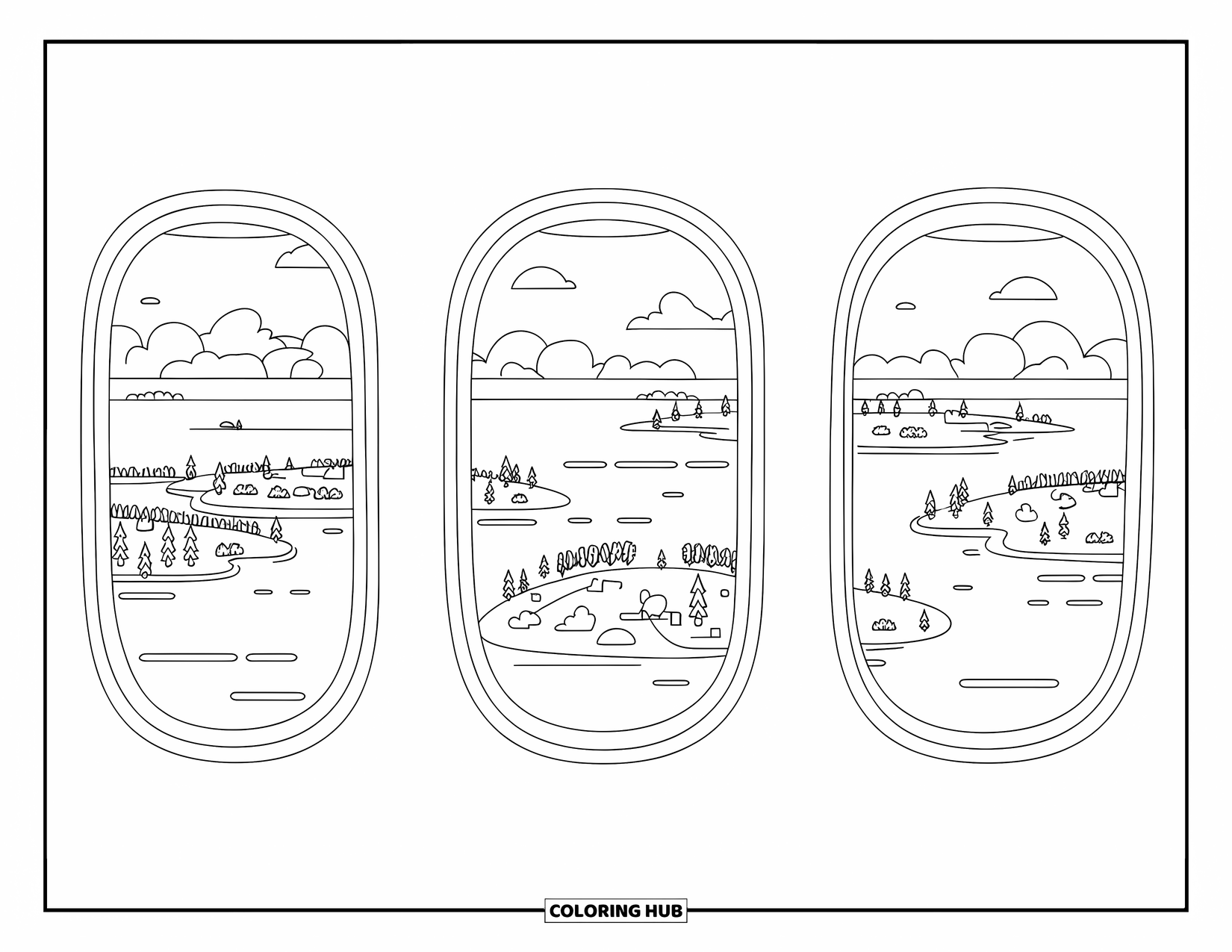 Kolorowanka z samolotem dla dorosłych: Widok na ocean pełen wysp pojawia się przez okna samolotu pod spokojnym niebem