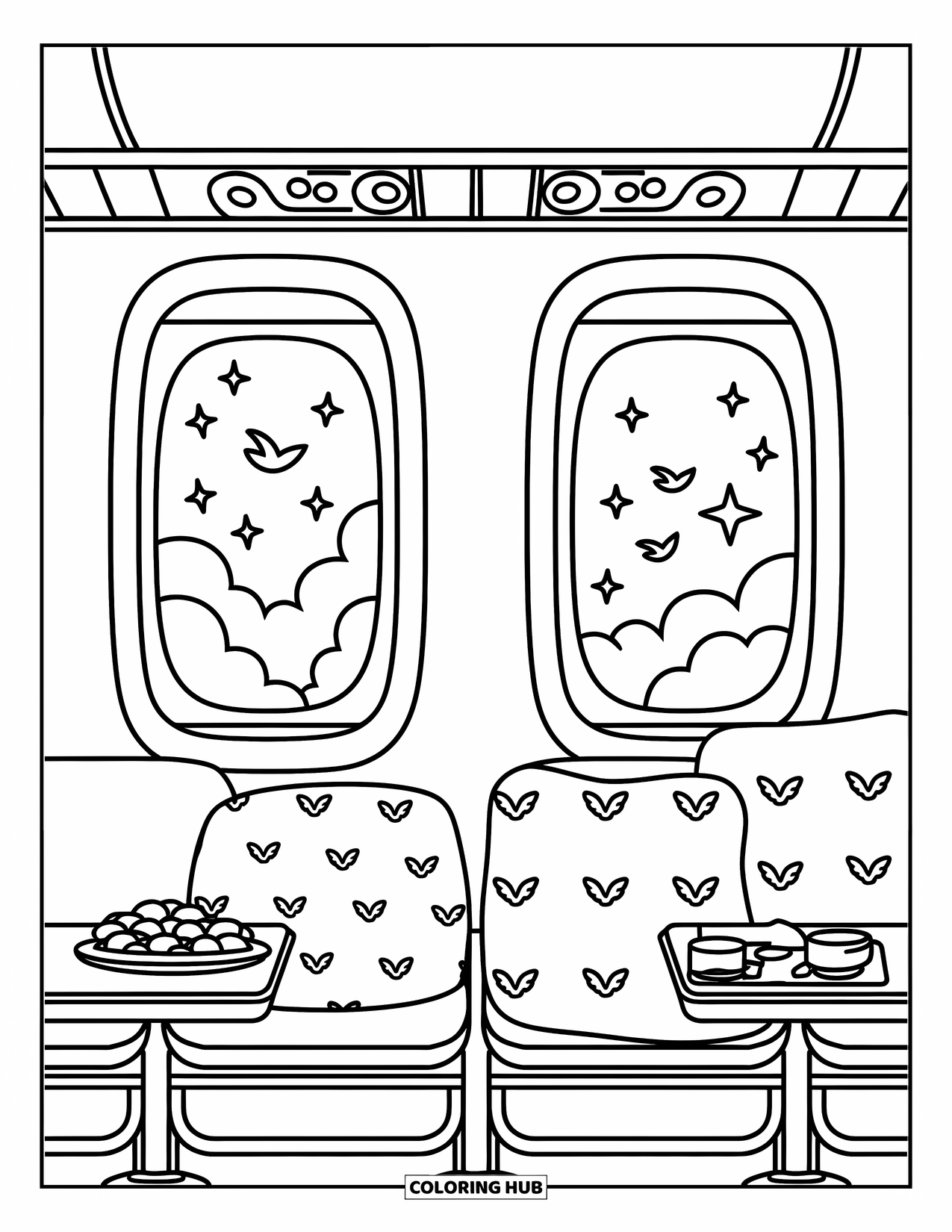 Kolorowanka z samolotem dla dorosłych: Z okna ptaki przelatują obok gwiazd i chmur, a przytulne przekąski wypełniają kabinę