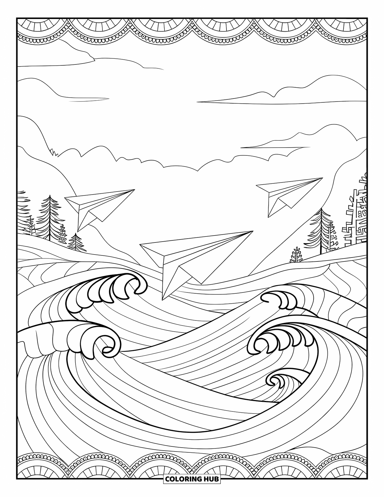 Kolorowanka z samolotem dla dorosłych: Papierowe samoloty unoszą się delikatnie nad spokojnymi, wzorzystymi falami i spokojnymi górami