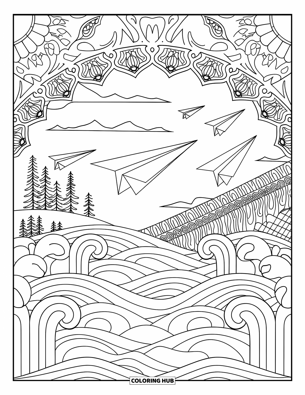 Kolorowanka z samolotem dla dorosłych: Papierowe samoloty unoszą się nad dekoracyjnymi falami z górami i drzewami w oddali