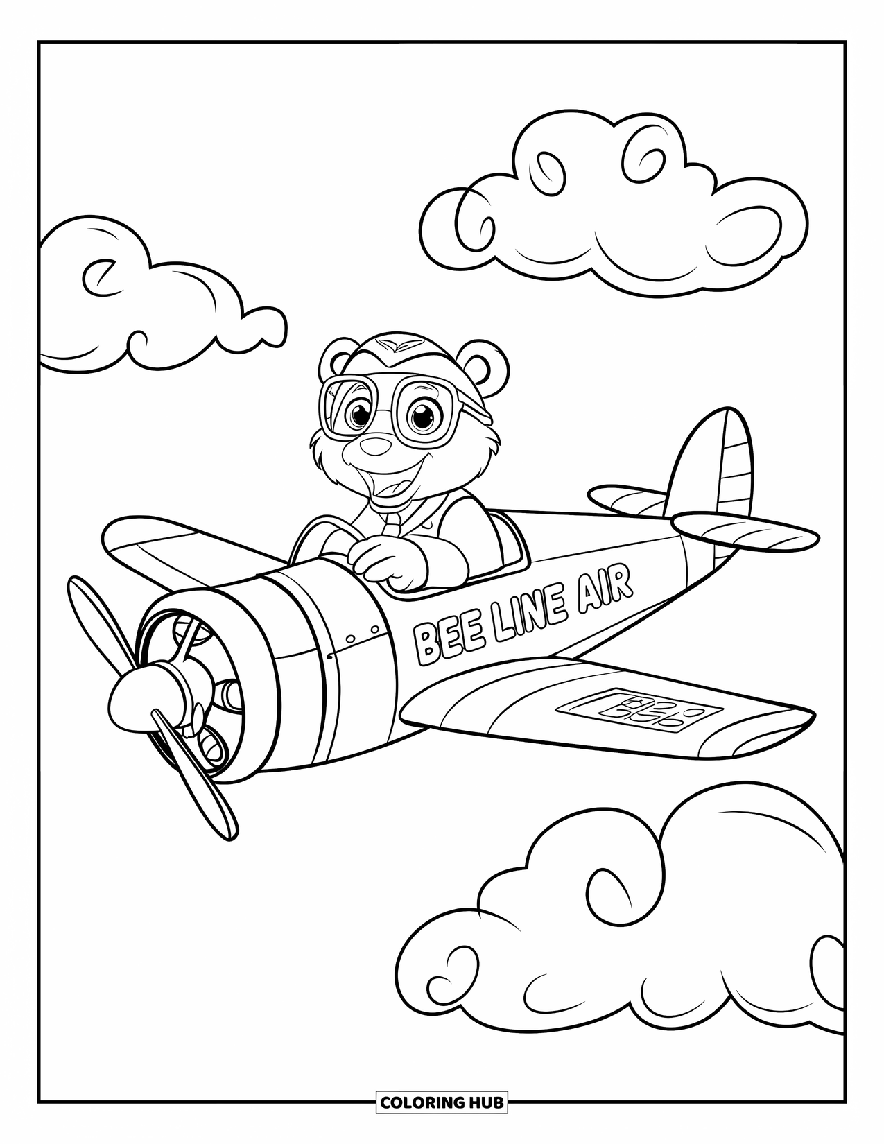 Kolorowanka z samolotem dla dzieci: Niedźwiedź w okularach leci samolotem „Bee Line Air” po pochmurnym niebie