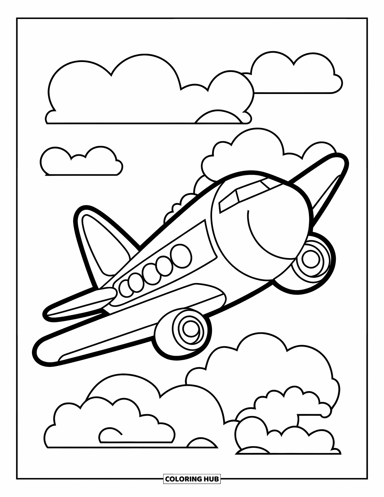 Kolorowanka z samolotem dla dzieci: Duży, kreskówkowy samolot radośnie leci nad miękkimi, puszystymi chmurami