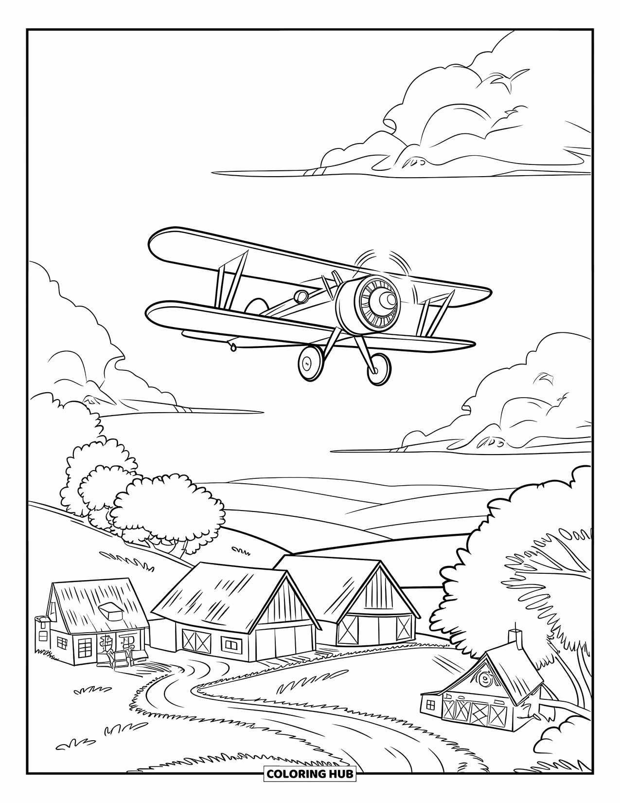 Kolorowanka z samolotem dla dzieci: Dwupłatowiec szybuje nad zieloną doliną z wioską, krętymi drogami i puszystymi chmurami