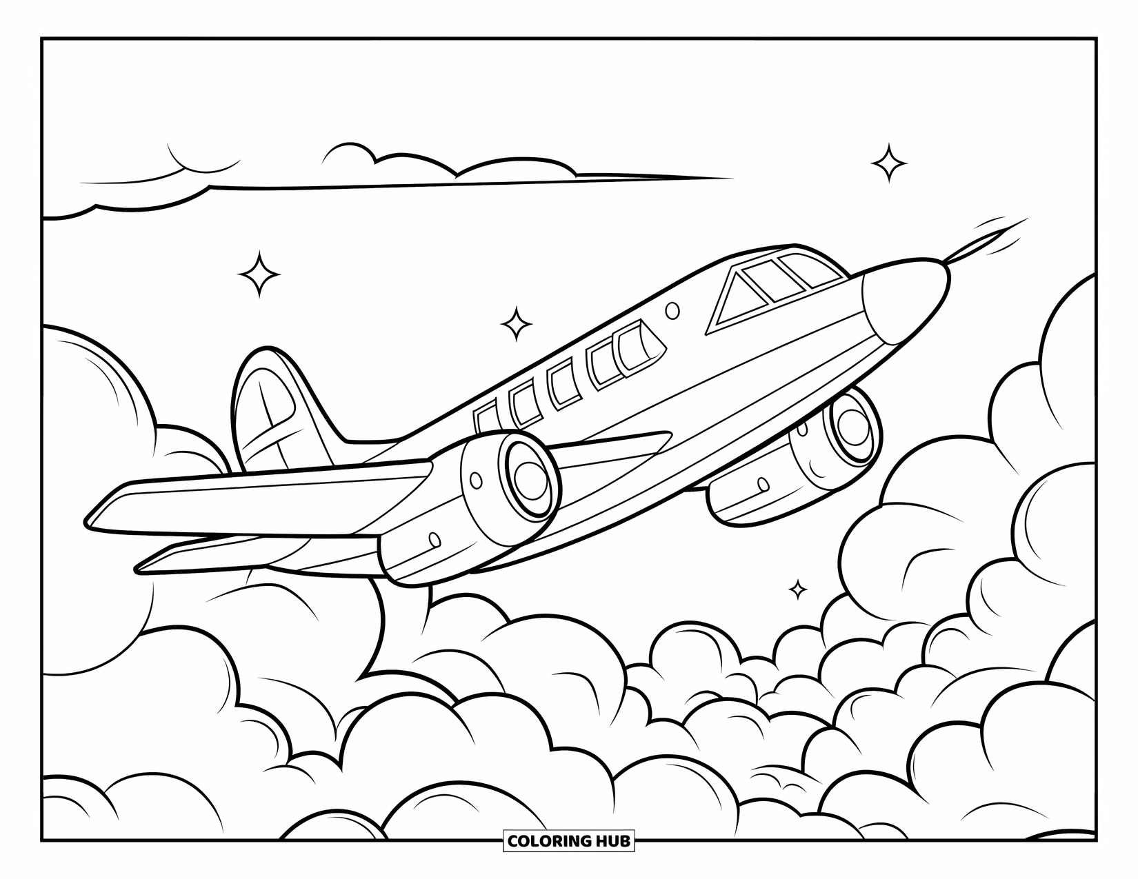 Kolorowanka z samolotem dla dzieci: Wyrazisty samolot z dużymi oknami leci wysoko przez puszyste chmury pod gwiaździstym niebem
