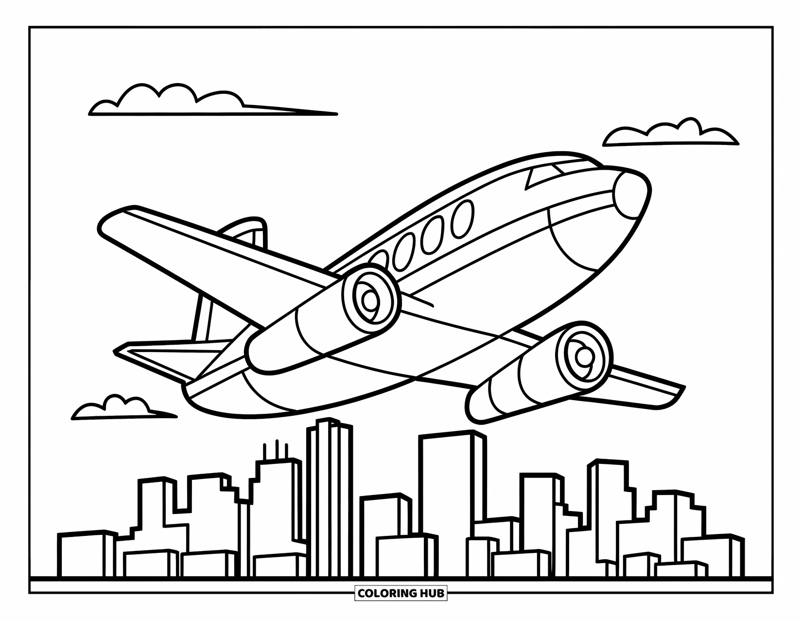 Kolorowanka z samolotem dla dzieci: Wyrazisty samolot z dużymi oknami szybuje nad prostymi drapaczami chmur i puszystymi chmurami