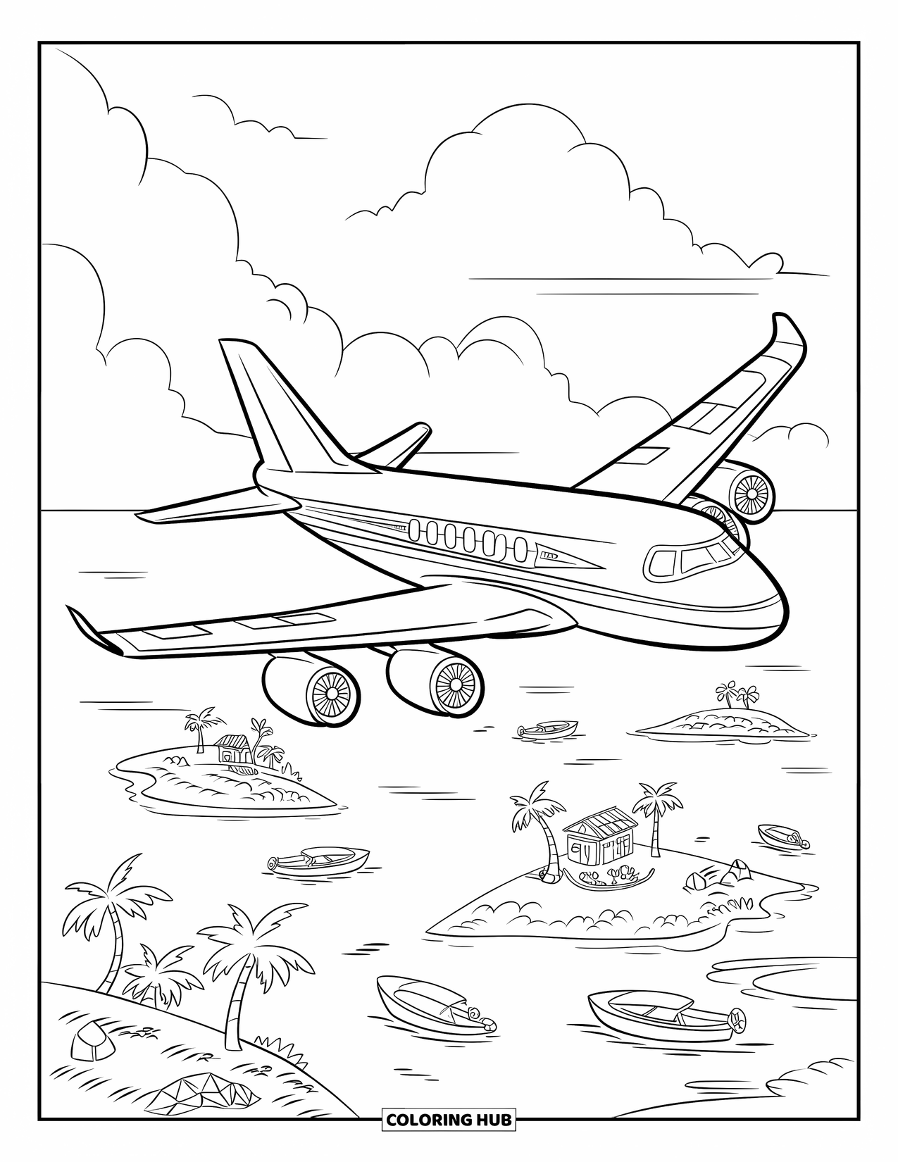 Kolorowanka z samolotem dla dzieci: Jasny odrzutowiec szybuje nad słonecznymi wyspami z palmami i rozproszonymi łodziami