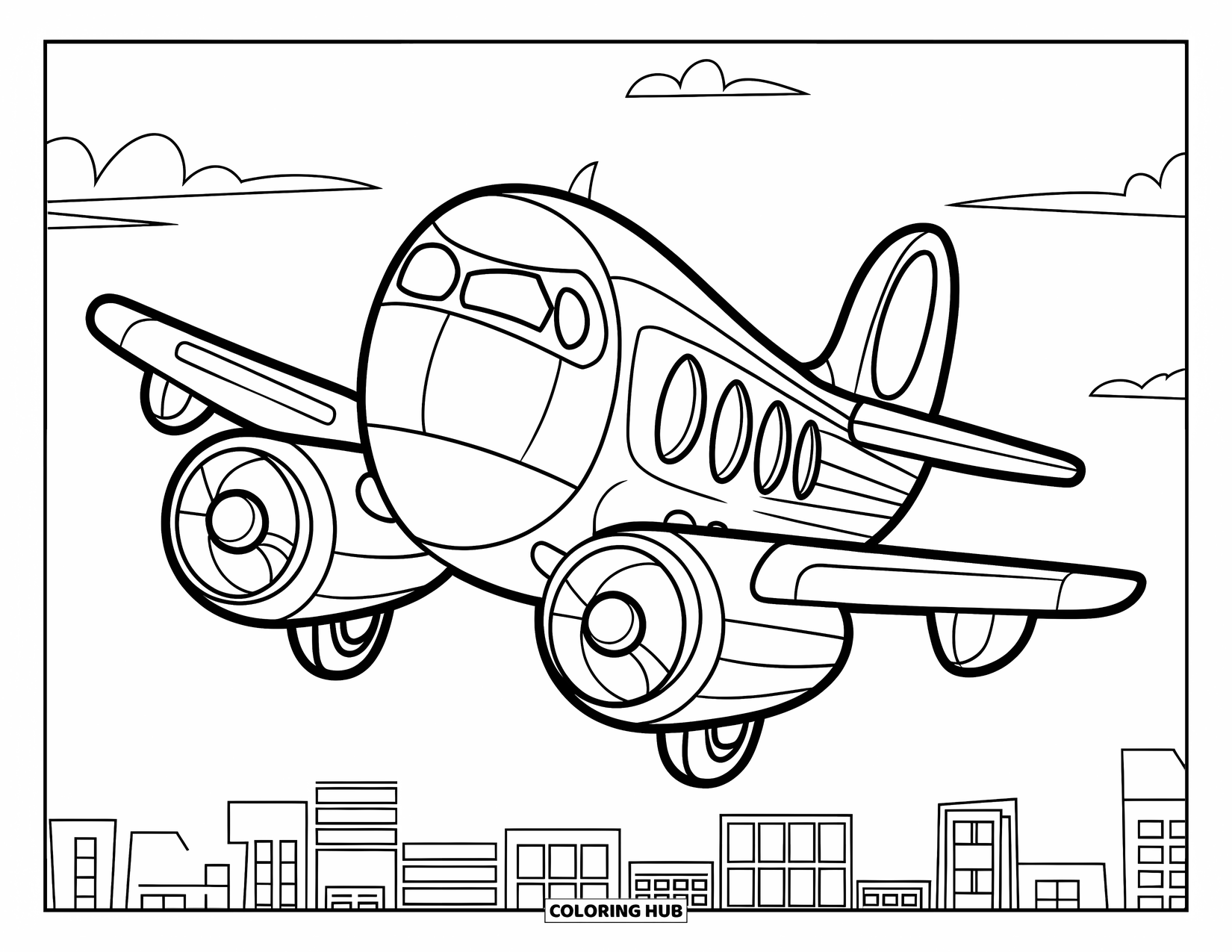 Kolorowanka z samolotem dla dzieci: Wesoły samolot szybuje nad miastem z budynkami i kilkoma chmurami wokół