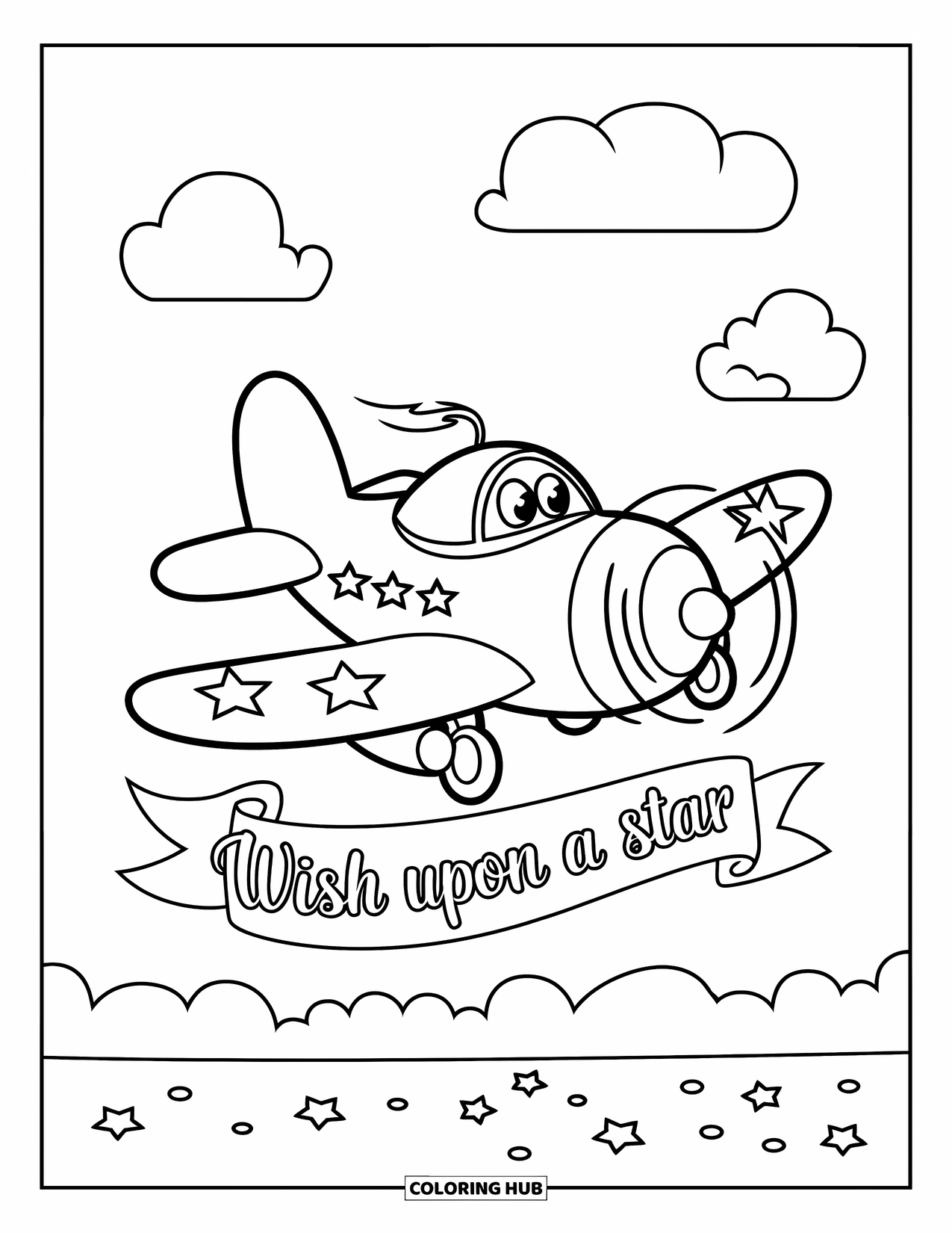 Kolorowanka z samolotem dla dzieci: Pulchny samolot przelatuje obok chmur z banerem „Spełnij swoje marzenie” lecącym poniżej