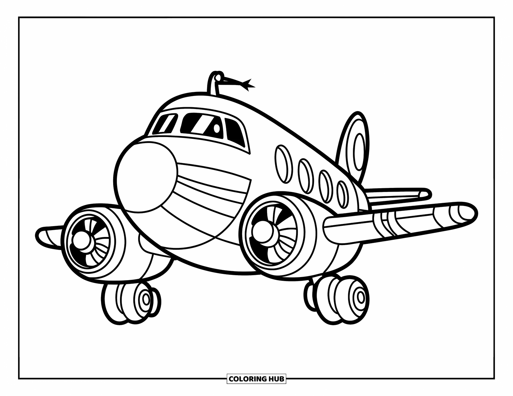 Kolorowanka z samolotem dla dzieci: Krępy, kreskówkowy samolot ze śmigłem pędzi po pustym, otwartym niebie