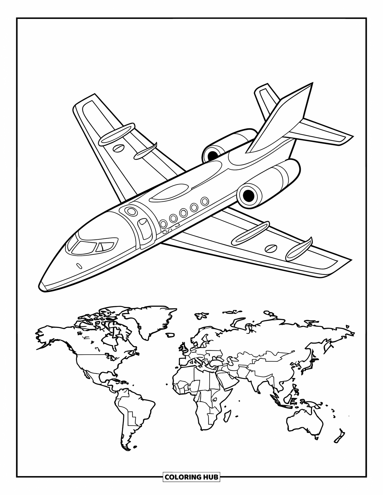 Kolorowanka z samolotem dla dzieci: Samolot pasażerski leci nad mapą świata przedstawiającą kontynenty i kraje