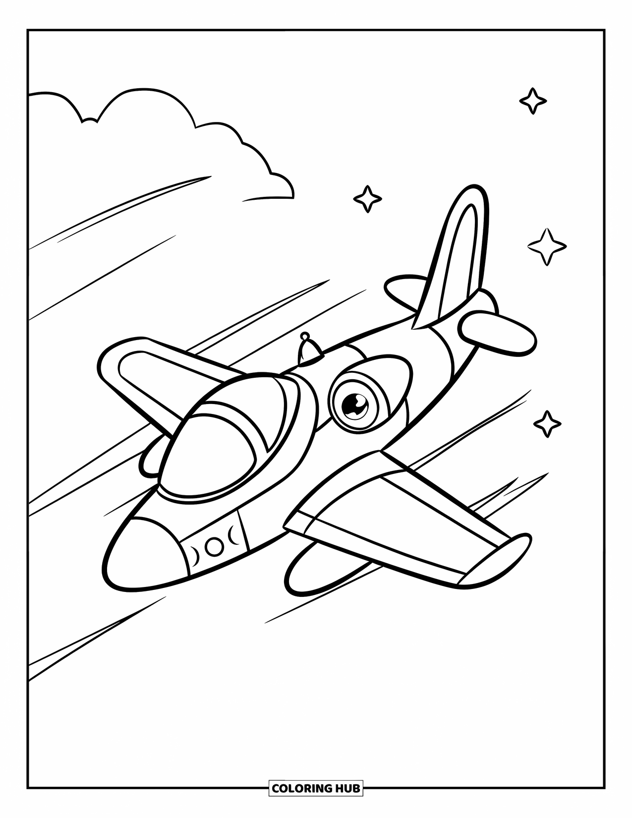 Kolorowanka z samolotem dla dzieci: Uroczy odrzutowiec leci szybko nad uśmiechniętą chmurą i kilkoma drobnymi gwiazdkami