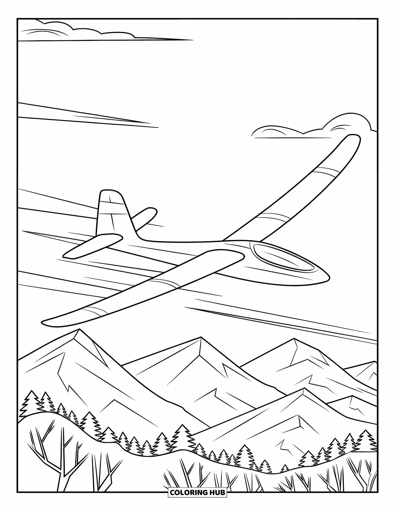 Kolorowanka z samolotem dla dzieci: Szybowiec unosi się na wietrze nad wysokimi górami, lasami i kilkoma miękkimi chmurami