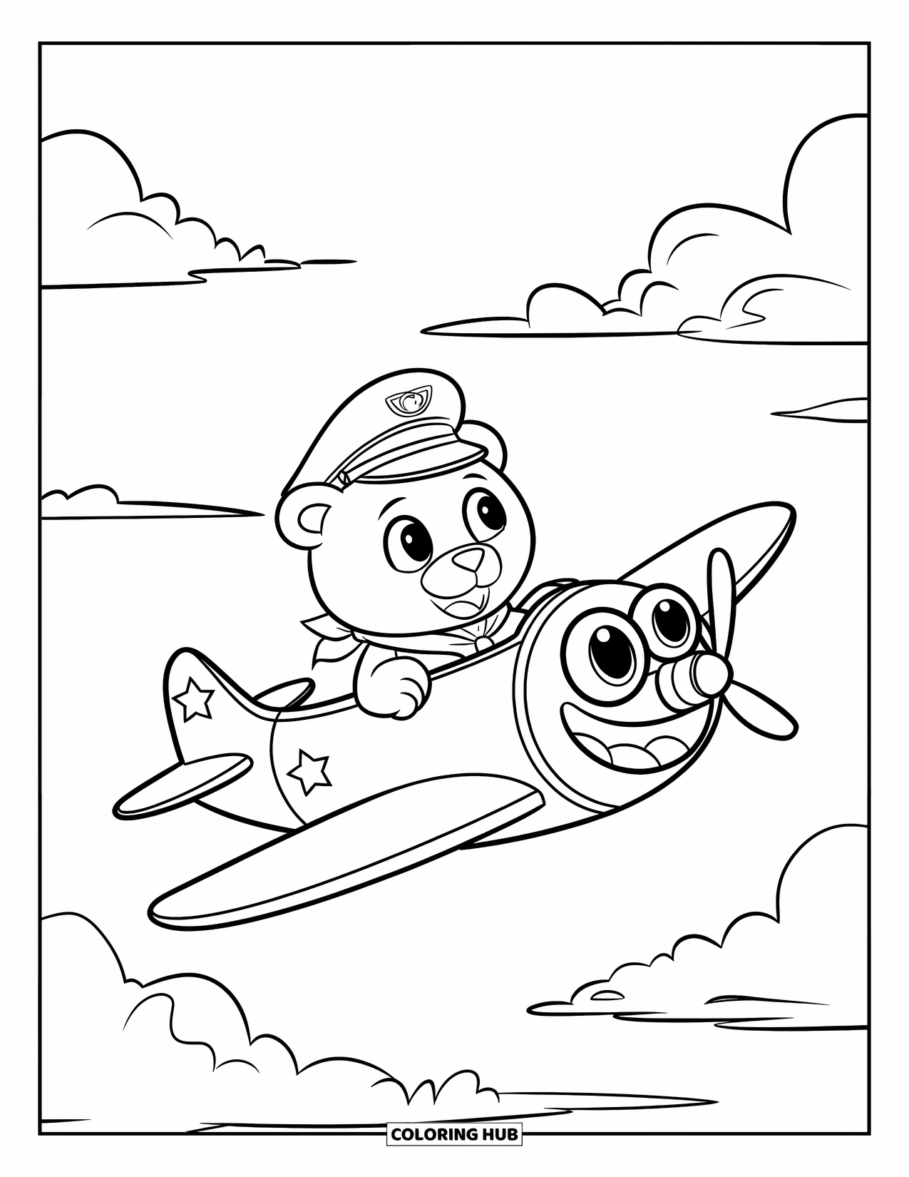 Kolorowanka z samolotem dla dzieci: Uśmiechnięty samolot z misiem-pilotem szybuje pod niebem pełnym miękkich chmur