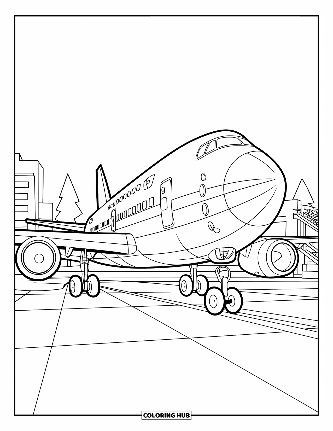 Kolorowanka z samolotem dla dzieci: Odrzutowiec ze schodami i dużymi kołami stoi w pobliżu drzew i budynków lotniska