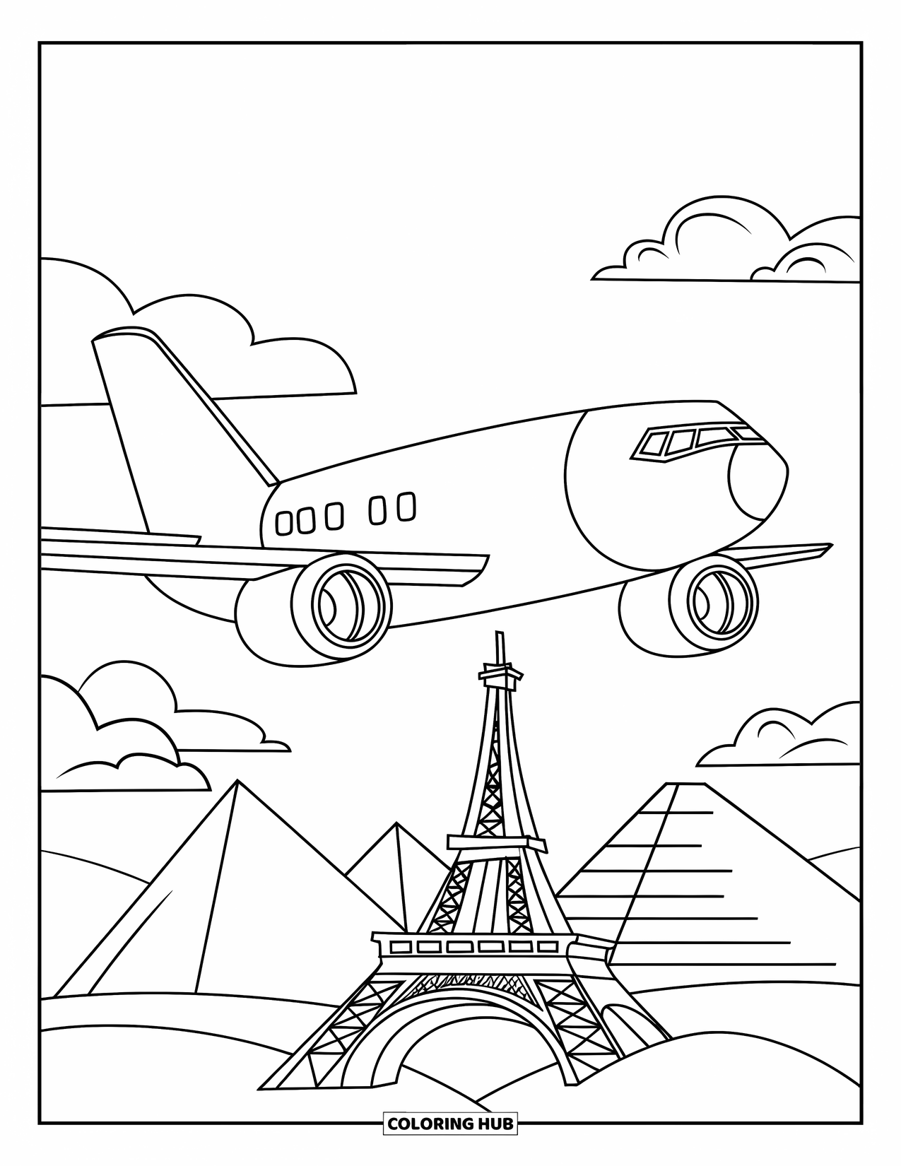 Kolorowanka z samolotem dla dzieci: Odrzutowiec z logo leci nad zabytkami, takimi jak Wieża Eiffla i piramidy