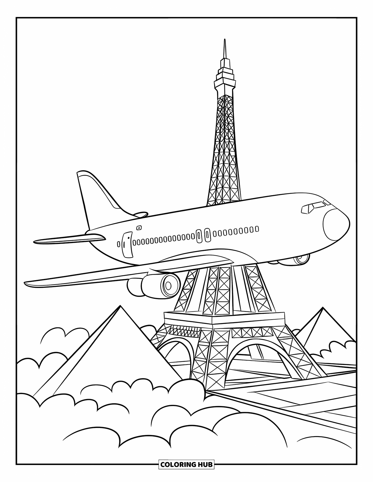 Kolorowanka z samolotem dla dzieci: Odrzutowiec przelatuje obok Wieży Eiffla i piramid pod jasnym, błękitnym niebem