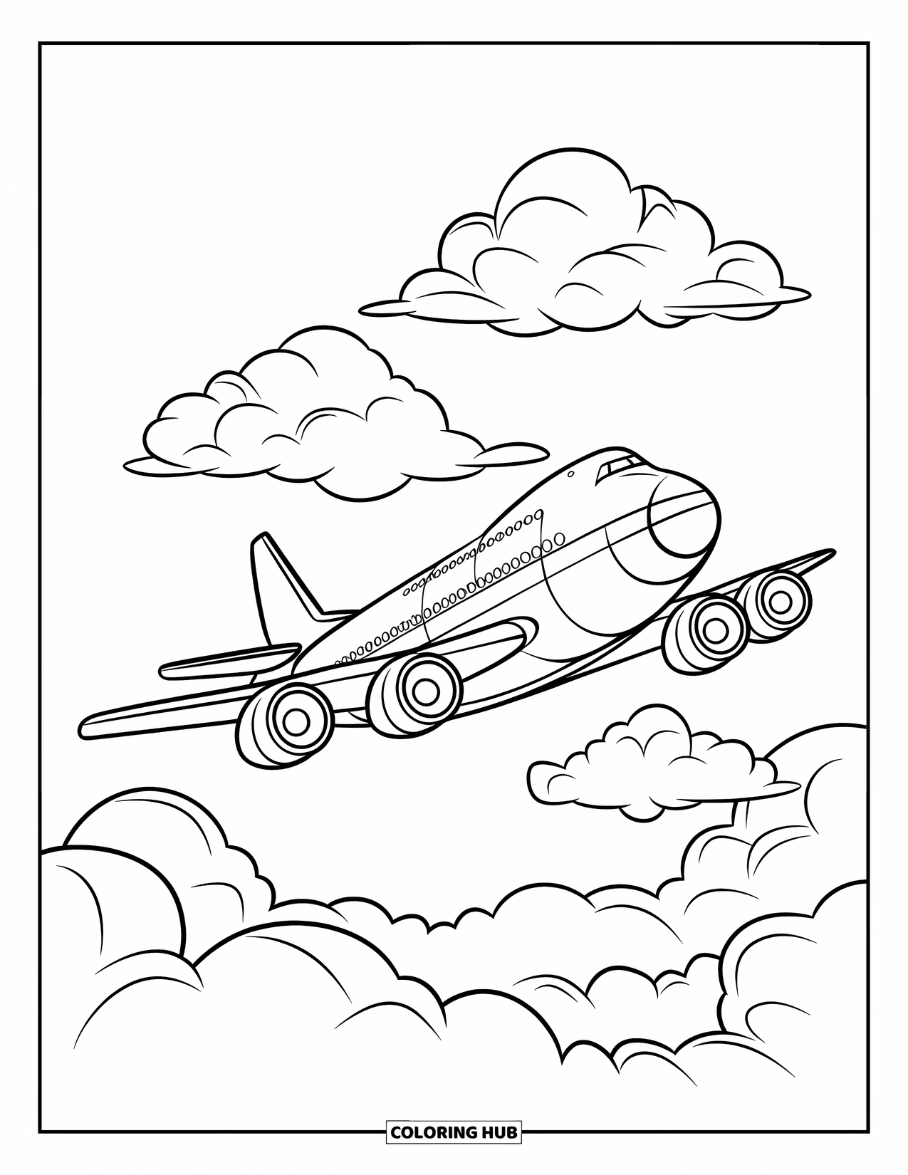 Kolorowanka z samolotem dla dzieci: Duży, kreskówkowy odrzutowiec radośnie leci nad niebem pełnym miękkich chmur