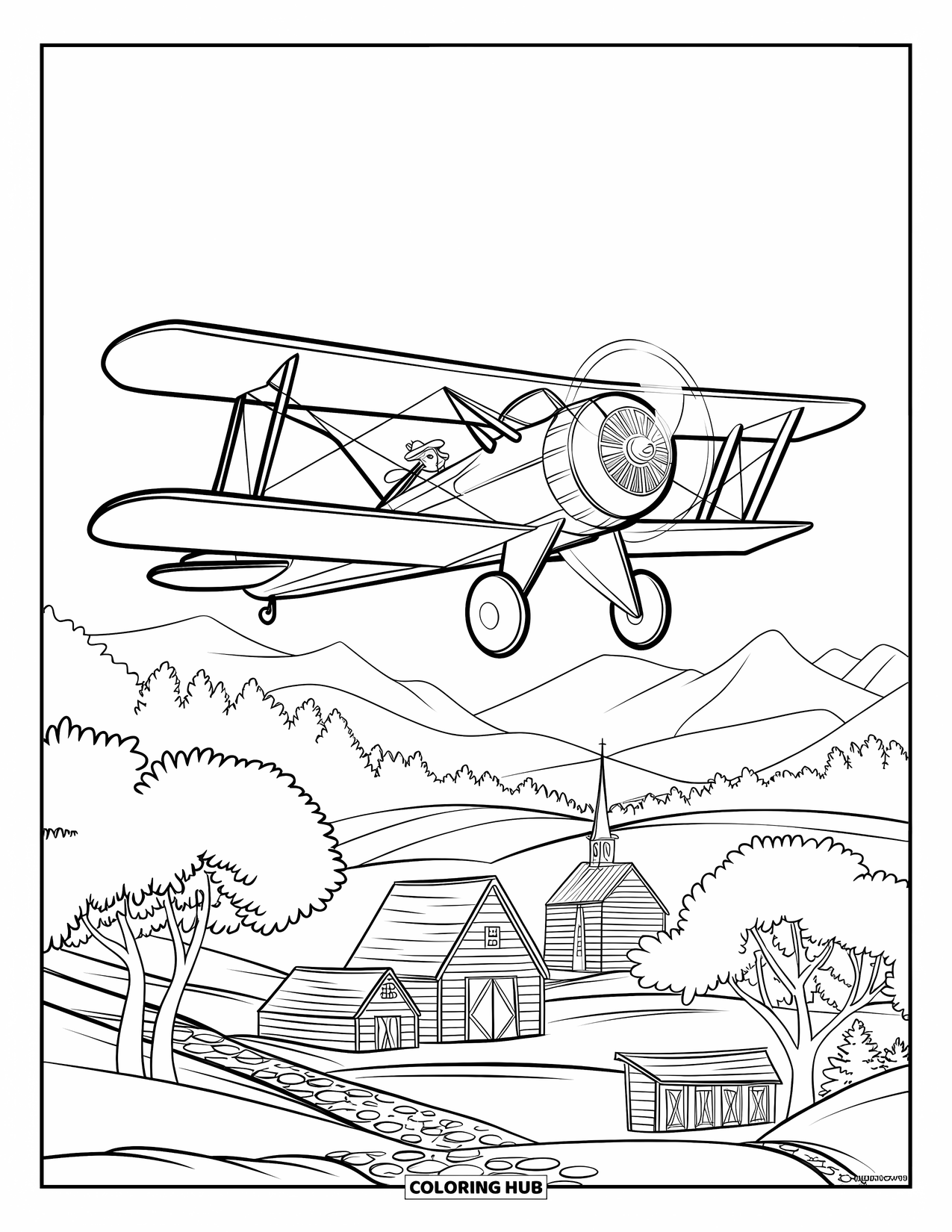 Kolorowanka z samolotem dla dzieci: Pilot i pasażer w dwupłatowcu lecą nad górską wioską ze stodołami i drzewami