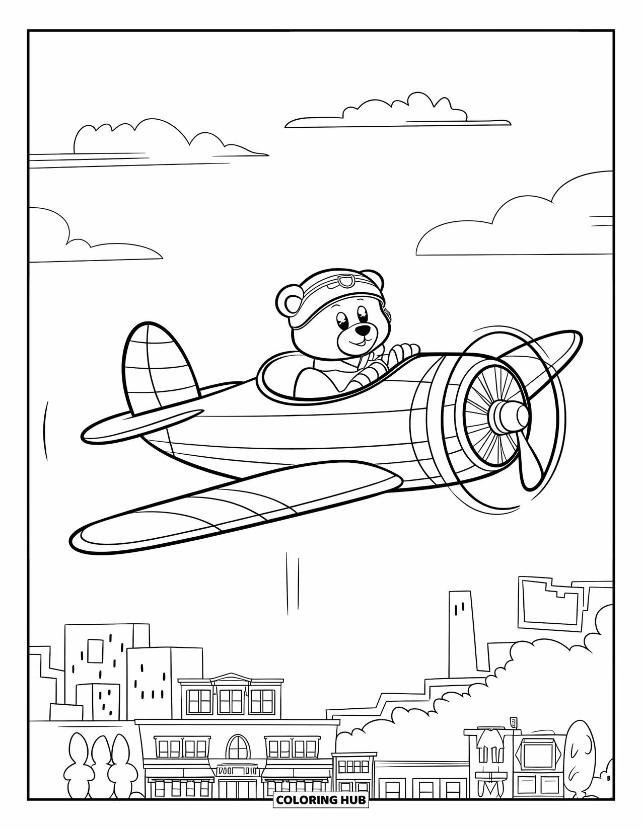 Kolorowanka z samolotem dla dzieci: Niedźwiedź-pilot leci małym samolotem nad budynkami i puszystymi chmurami