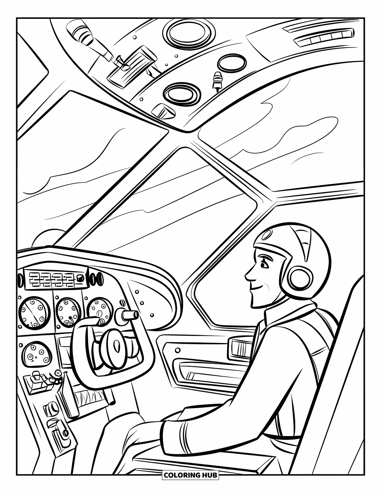Kolorowanka z samolotem dla dzieci: Pilot w mundurze spogląda z małego kokpitu z podstawowymi elementami sterującymi