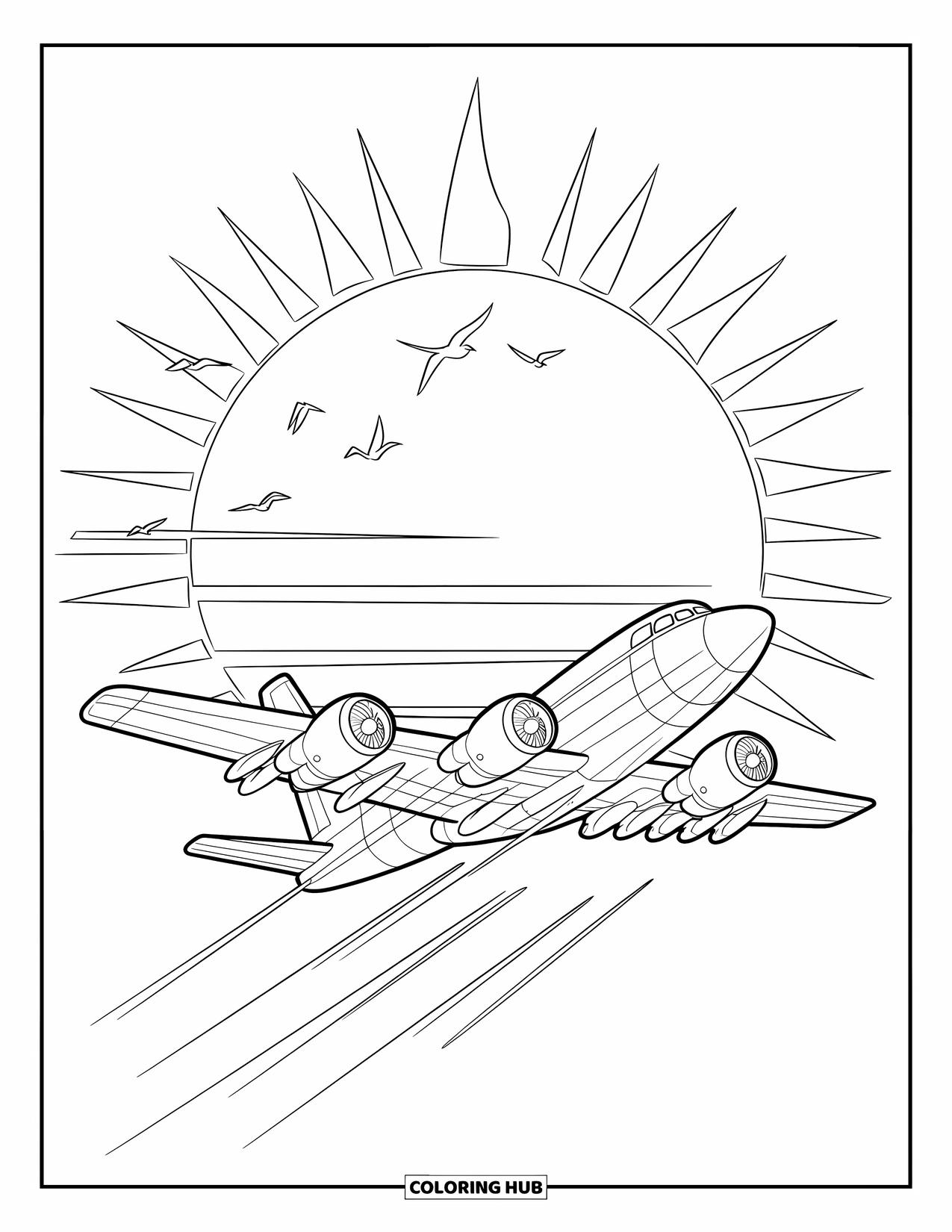 Kolorowanka z samolotem dla dzieci: Samolot przecina niebo z smugami kondensacyjnymi i ptakami wokół świecącego słońca