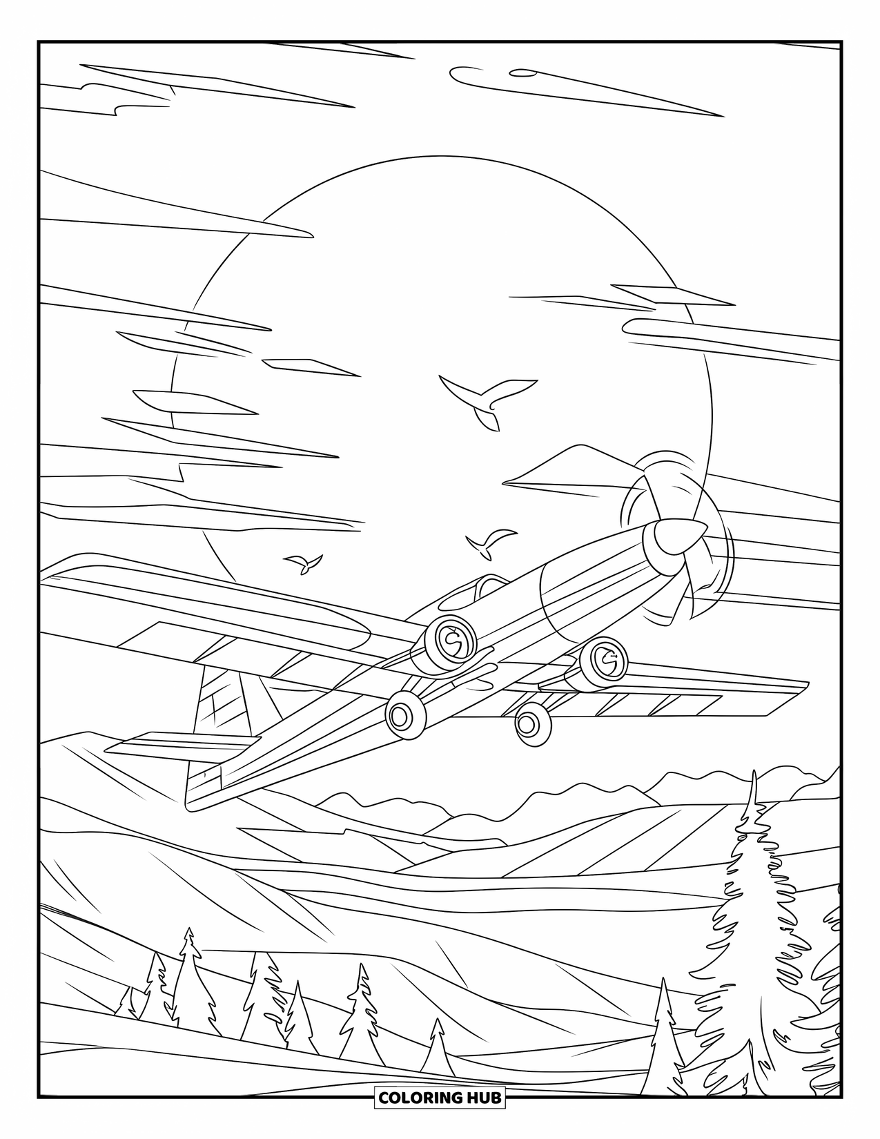 Kolorowanka z samolotem dla dzieci: Samolot leci w kierunku zachodzącego słońca z ptakami i smugami kondensacyjnymi ciągnącymi się za nim