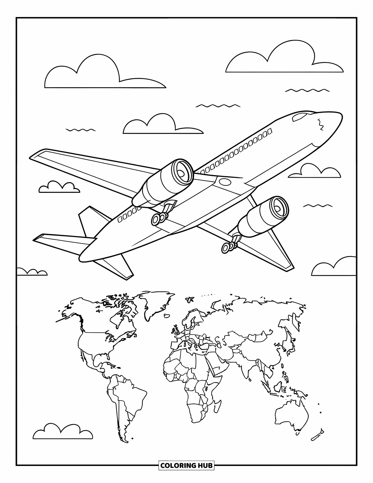Kolorowanka z samolotem dla dzieci: Samolot szybuje nad chmurami z mapą świata pokazującą kontynenty poniżej