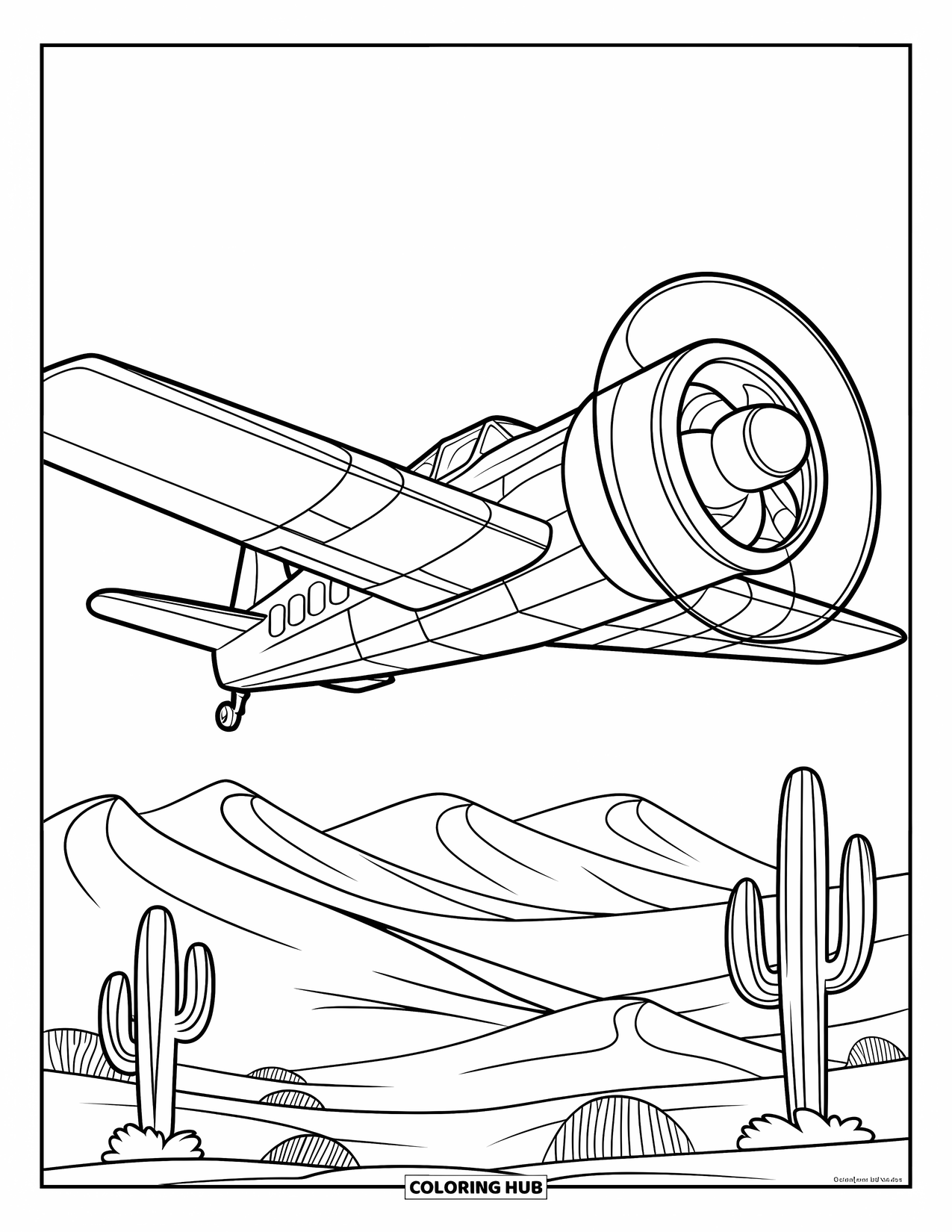 Kolorowanka z samolotem dla dzieci: Samolot z dużym śmigłem leci nad pustynnymi wydmami i kaktusami