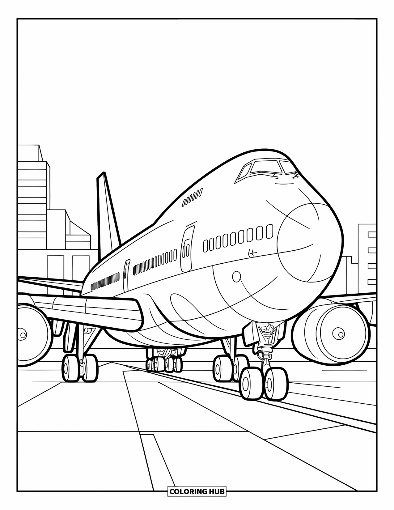 Kolorowanka z samolotem dla dzieci: Samolot z dużymi kołami stoi zaparkowany w pobliżu kilku budynków i schodów