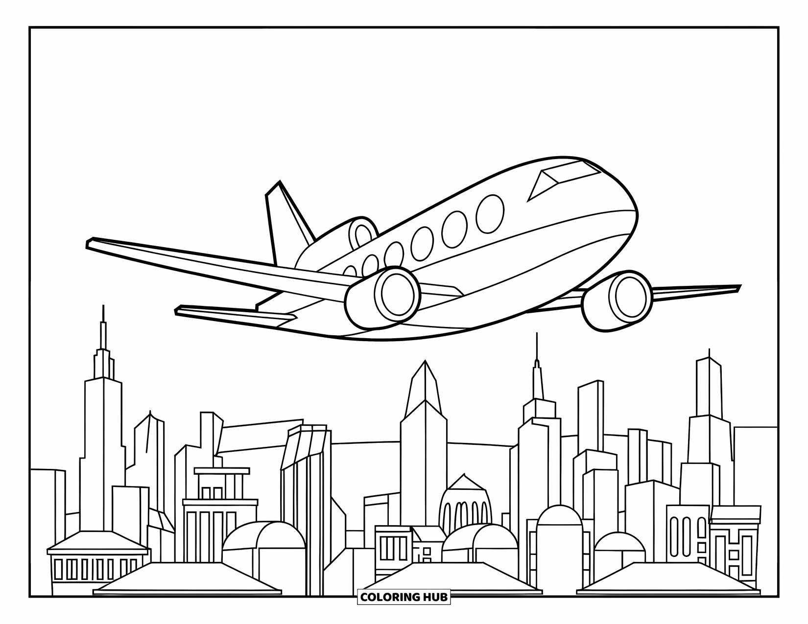 Kolorowanka z samolotem dla dzieci: Samolot z dużymi oknami leci nad budynkami ze spiczastymi dachami w ruchliwym mieście