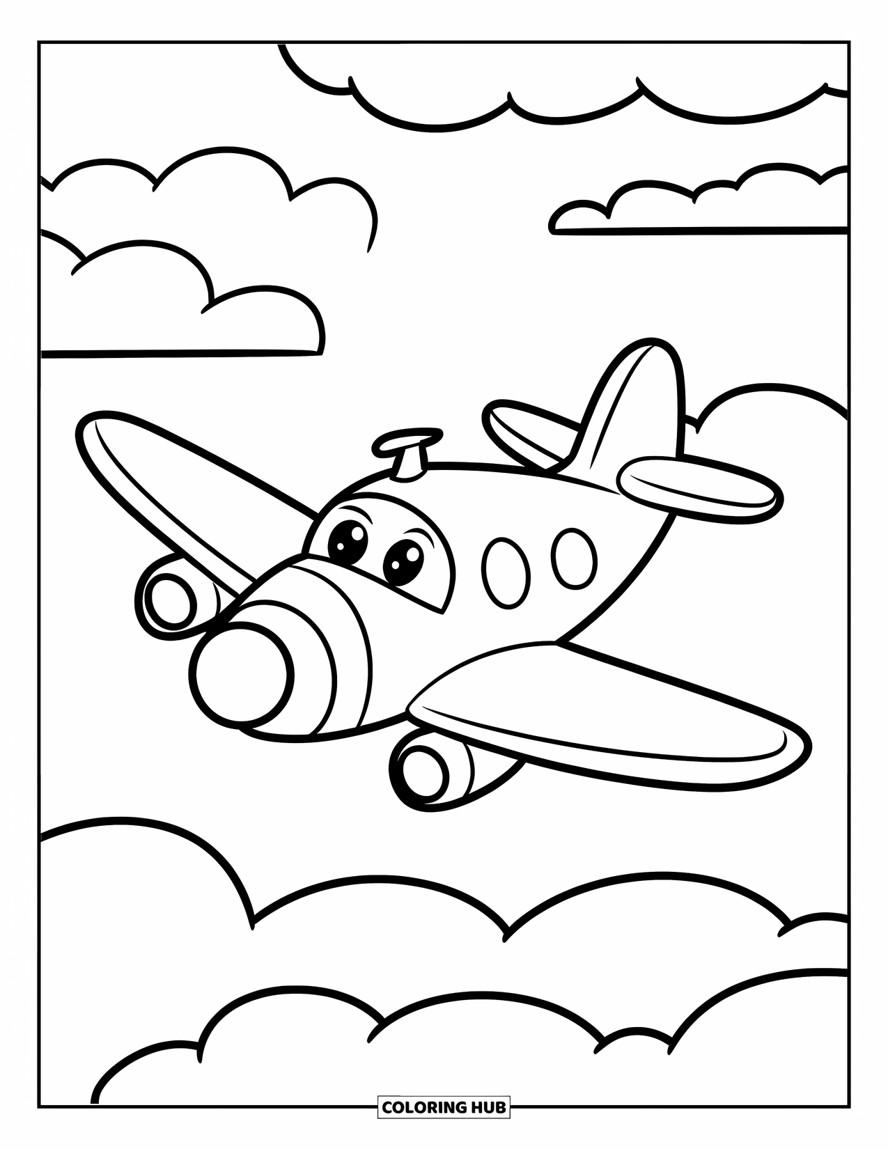 Kolorowanka z samolotem dla dzieci: Figlarny samolot z wyrazistymi liniami szybuje po niebie pełnym puszystych chmur