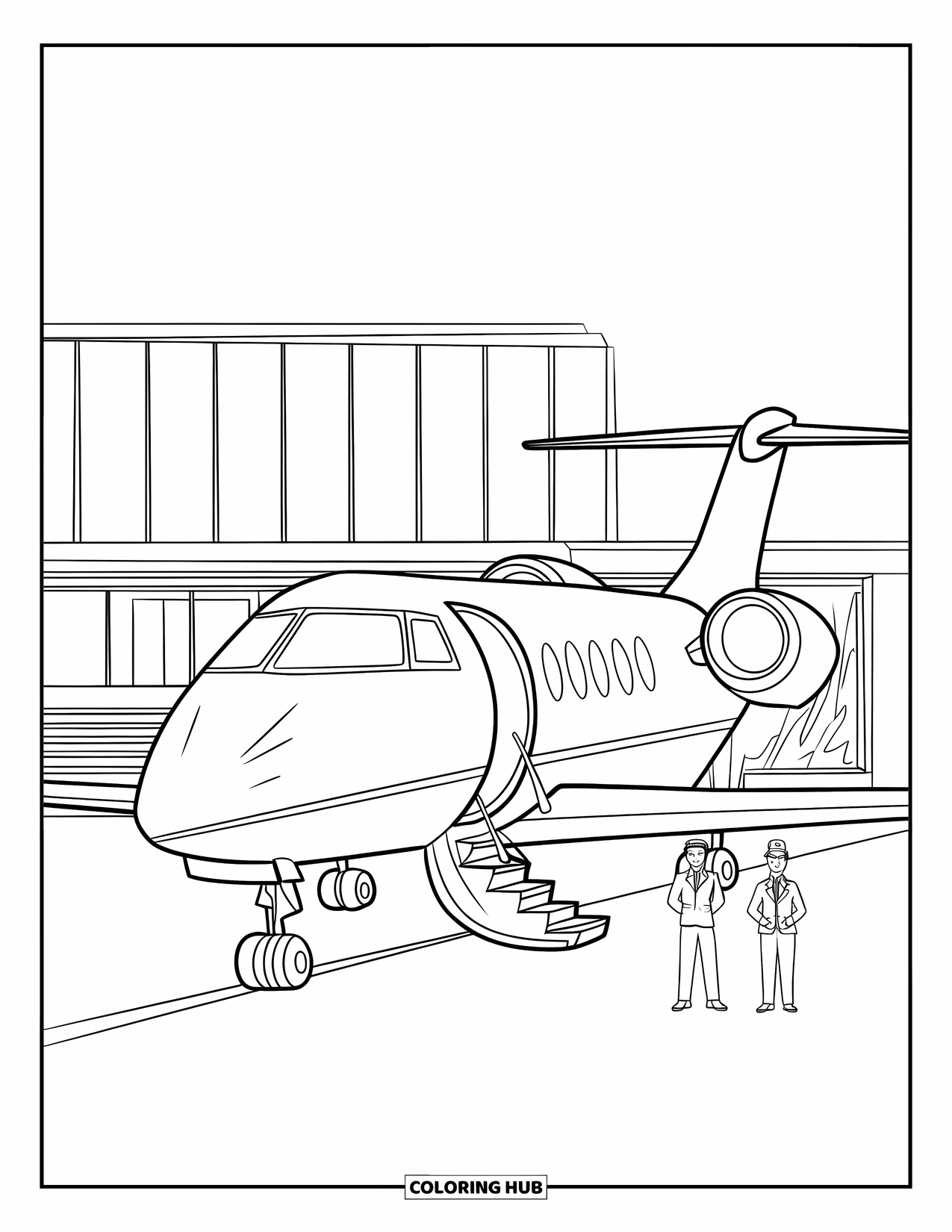 Kolorowanka z samolotem dla dzieci: Prywatny odrzutowiec czeka na terminalu z dwoma członkami załogi w pobliżu