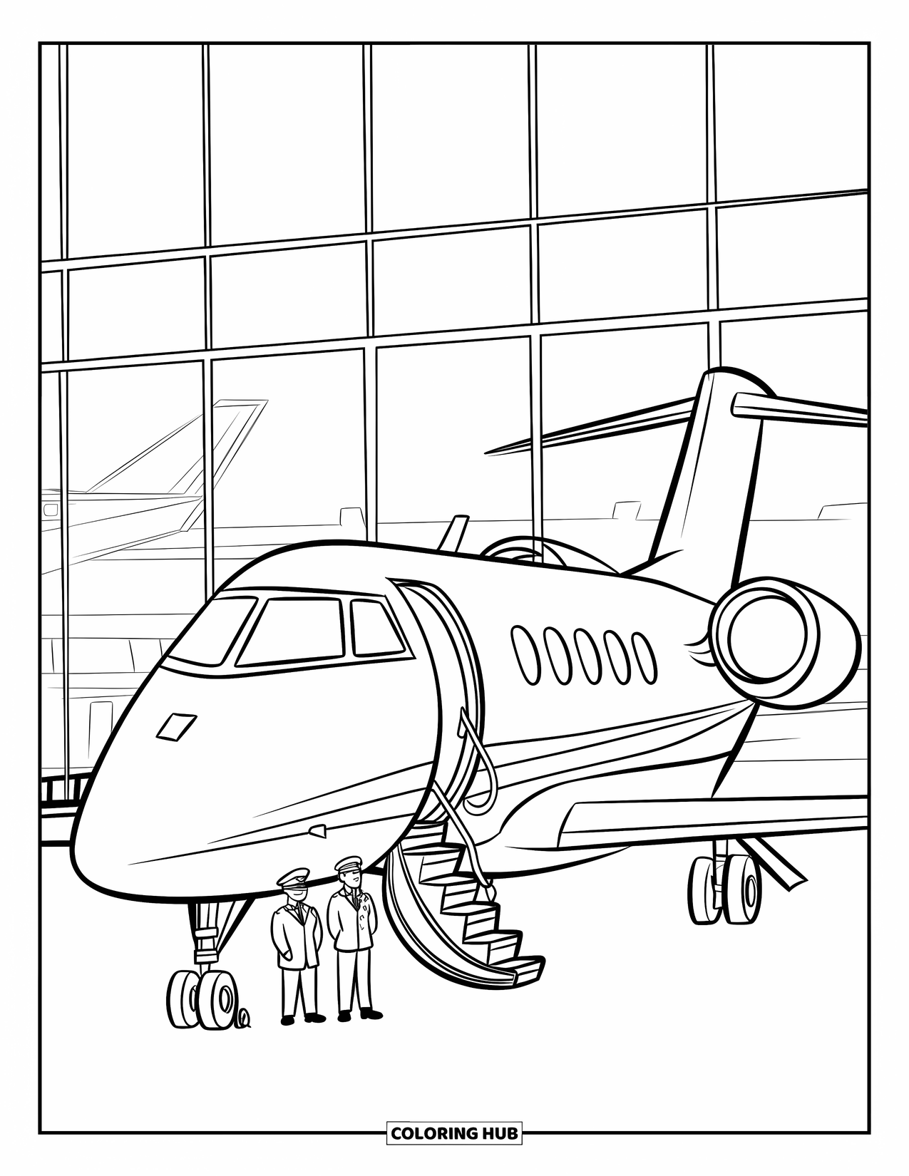 Kolorowanka z samolotem dla dzieci: Prywatny odrzutowiec ze schodami stoi w pobliżu nowoczesnego terminalu i innych samolotów
