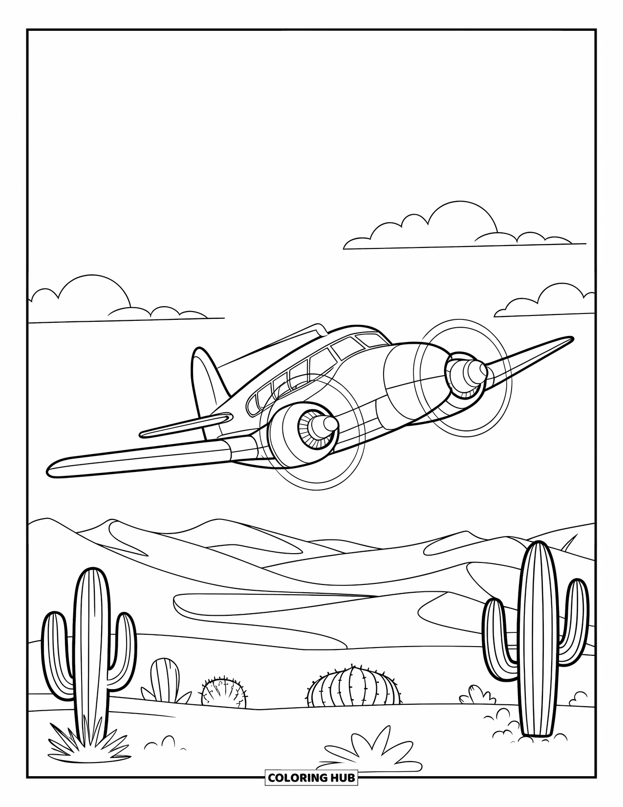 Kolorowanka z samolotem dla dzieci: Samolot śmigłowy leci nad pustynią pełną wydm i kaktusów