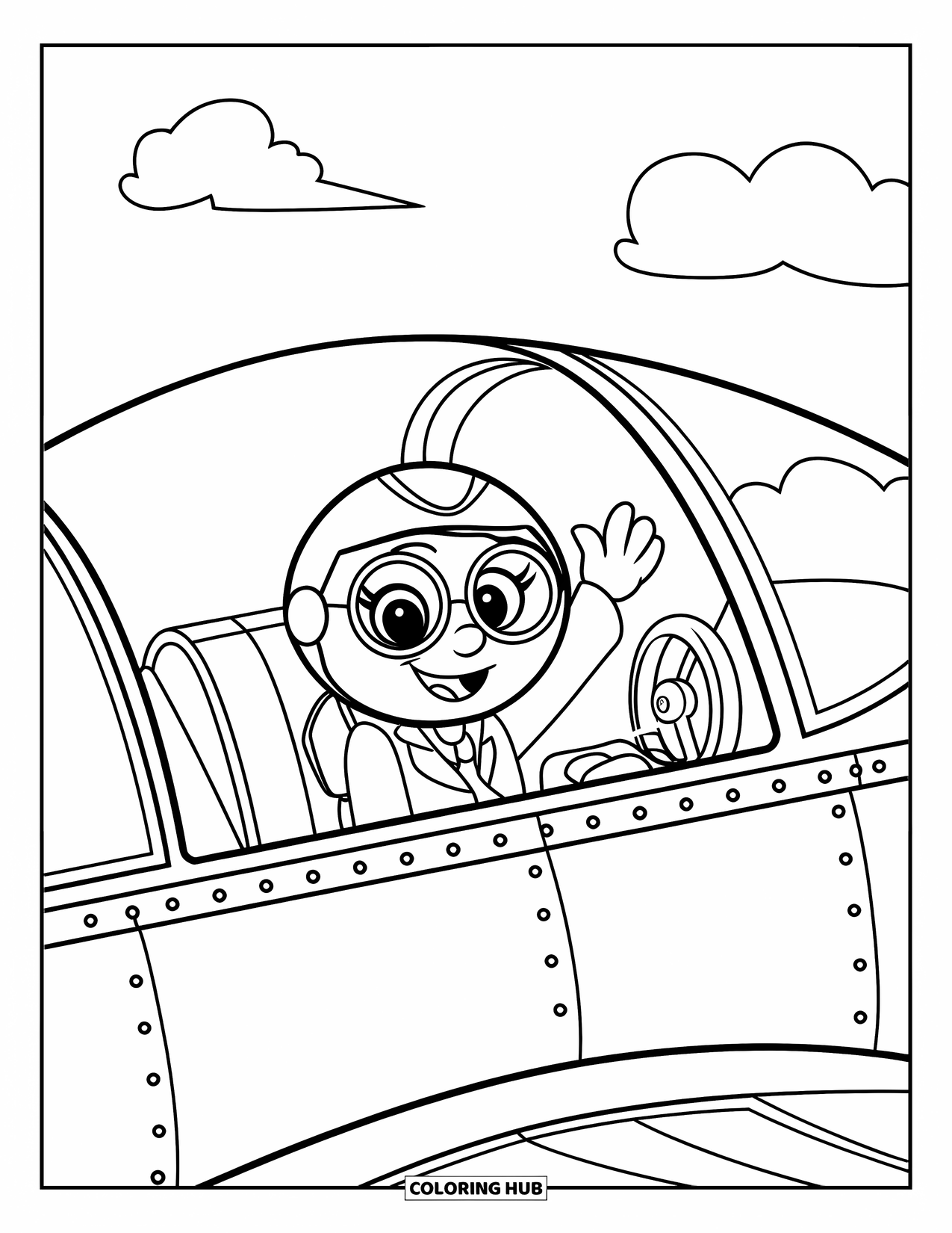 Kolorowanka z samolotem dla dzieci: Pilot o okrągłej twarzy w okularach macha z kokpitu z kilkoma przyciskami