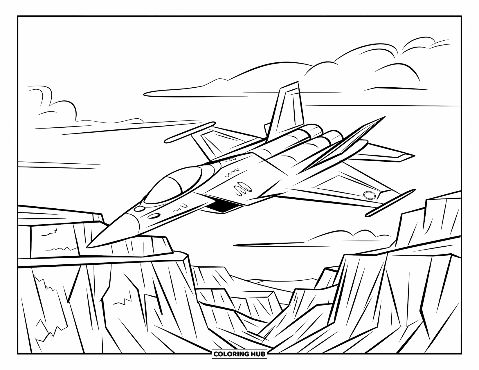 Kolorowanka z samolotem dla dzieci: Ostry, elegancki odrzutowiec szybuje nisko nad szerokim kanionem wypełnionym skalistymi teksturami i chmurami