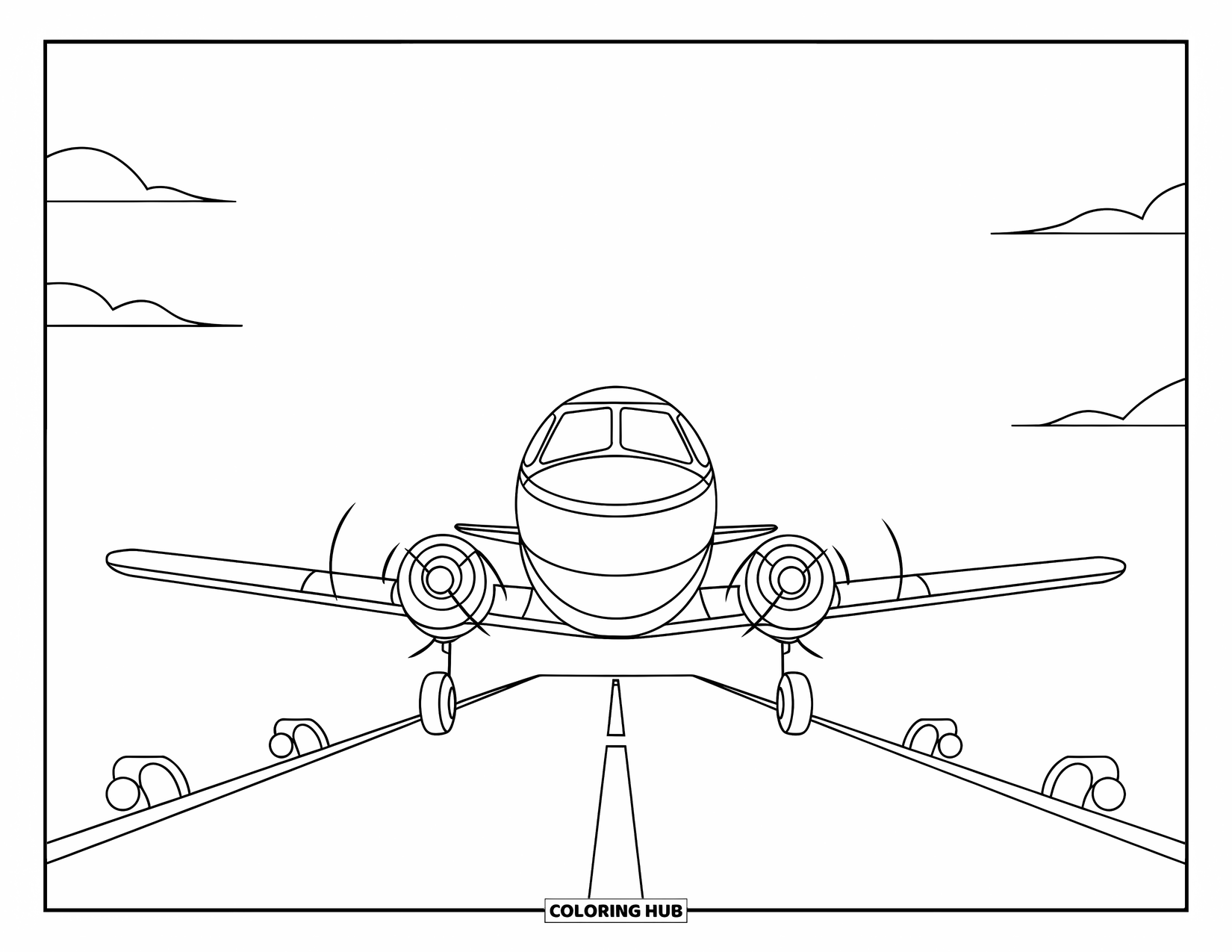 Kolorowanka z samolotem dla dzieci: Mały samolot delikatnie ląduje na czystym pasie startowym oświetlonym światłami, a nad nim są chmury