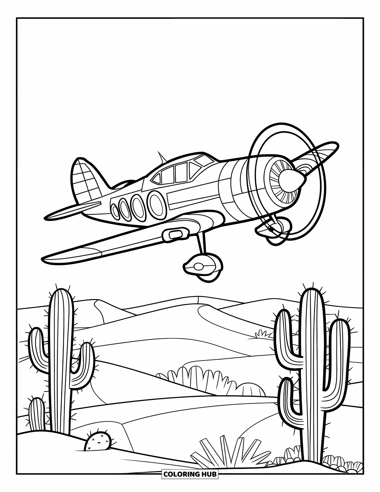 Kolorowanka z samolotem dla dzieci: Mały samolot z wyrazistymi liniami leci nad kaktusami i falistymi wydmami